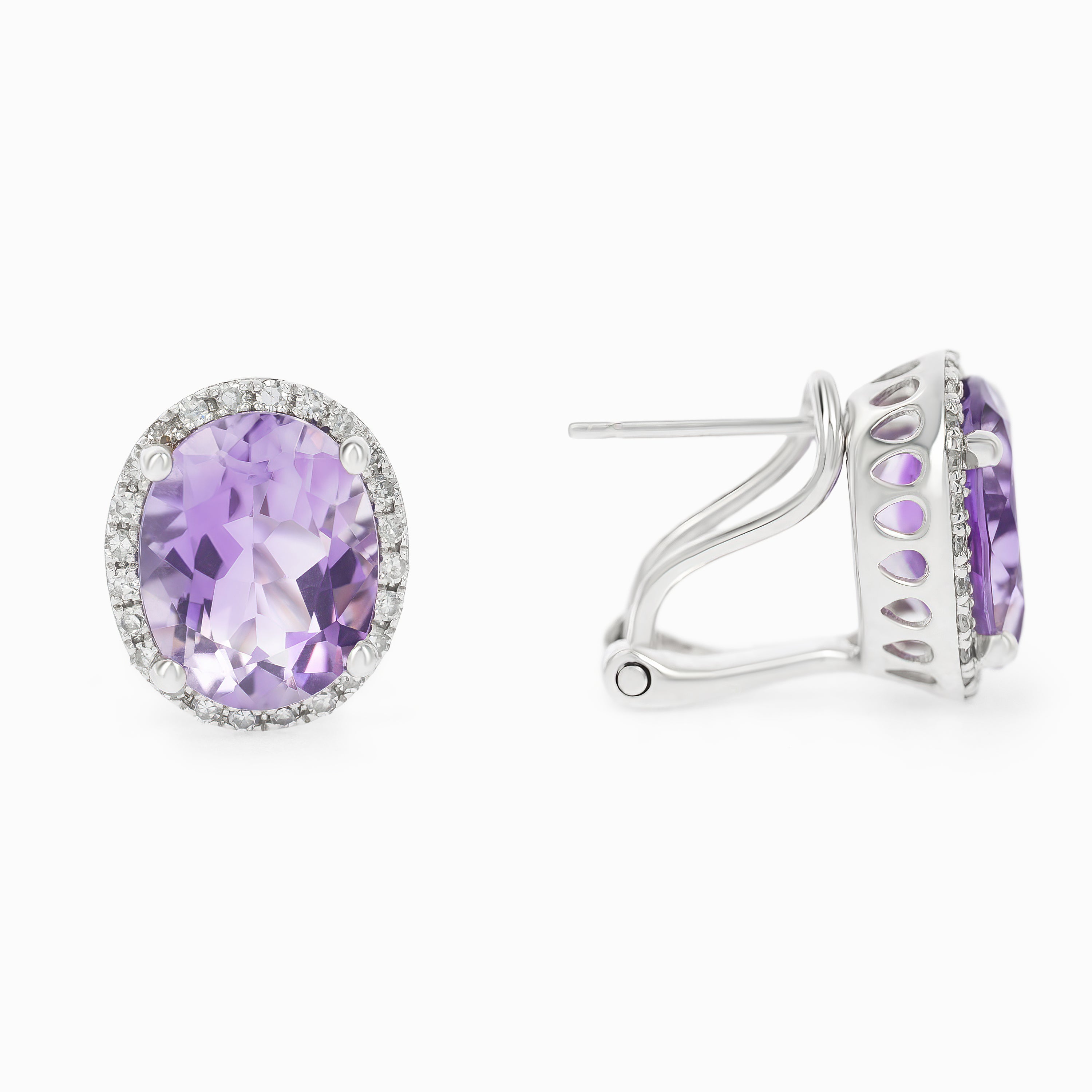 White Gold Stud Earrings with Amethyst, Diamond Stones