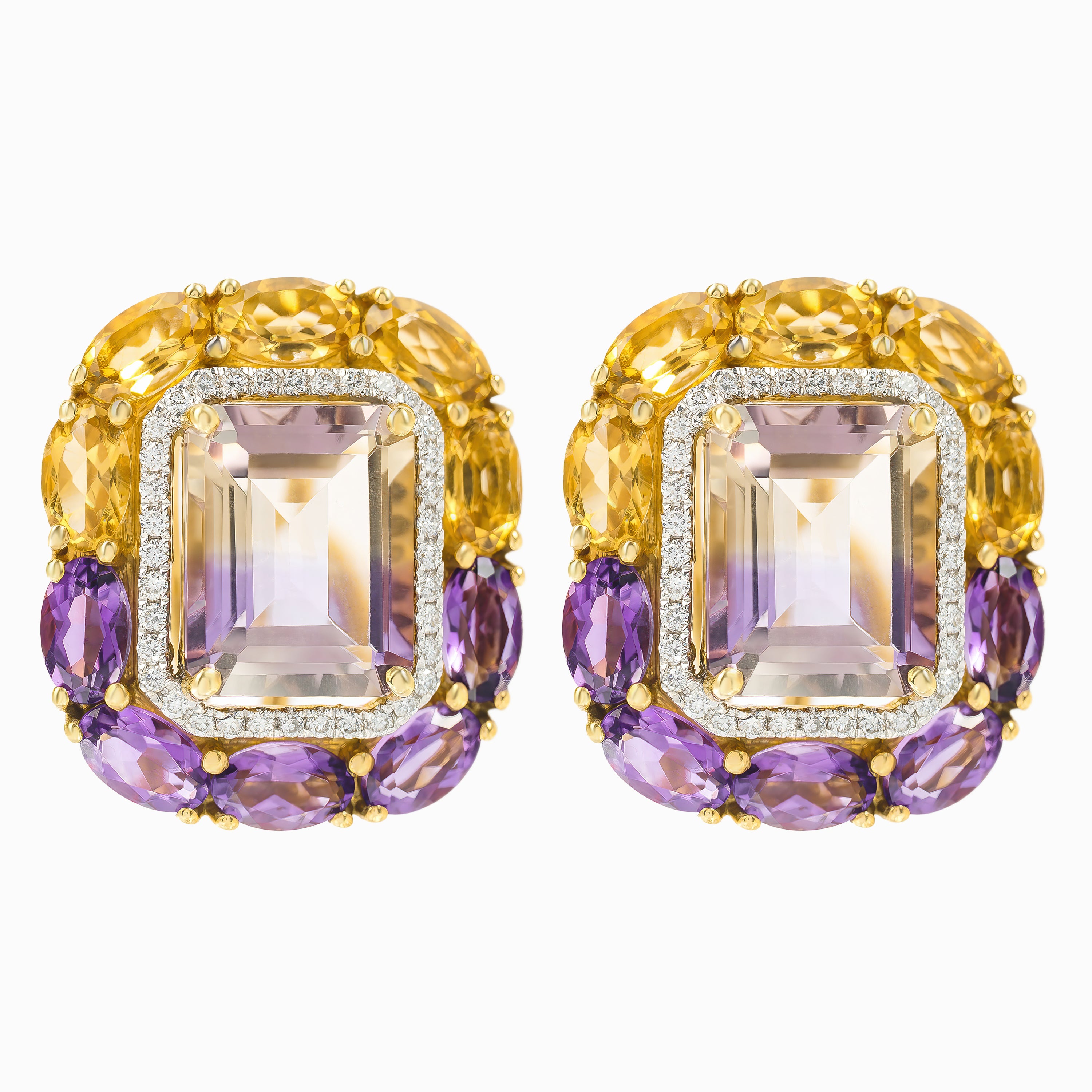 Yellow Gold Stud Earrings with Amethyst, Citrine Stones