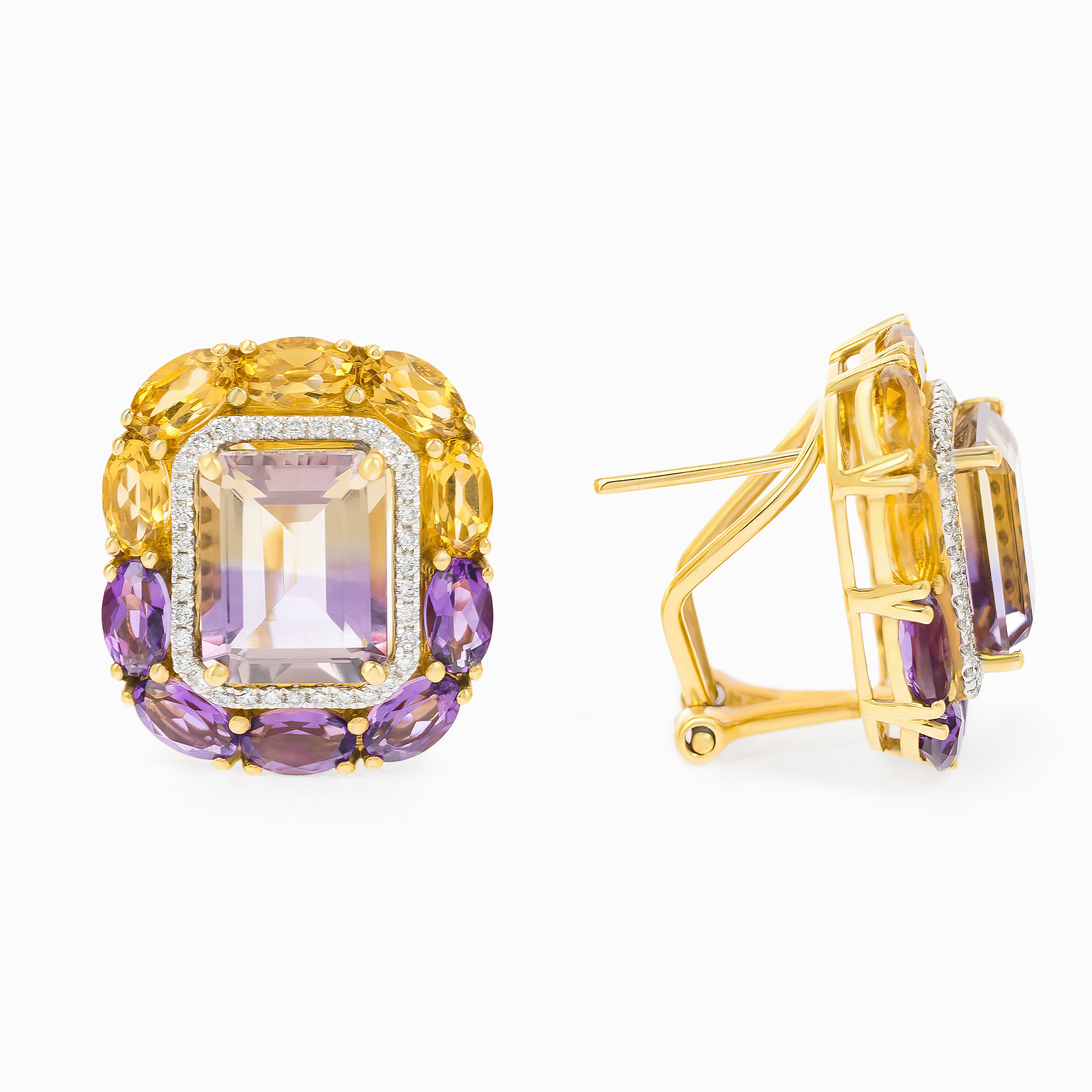 Yellow Gold Stud Earrings with Amethyst, Citrine Stones