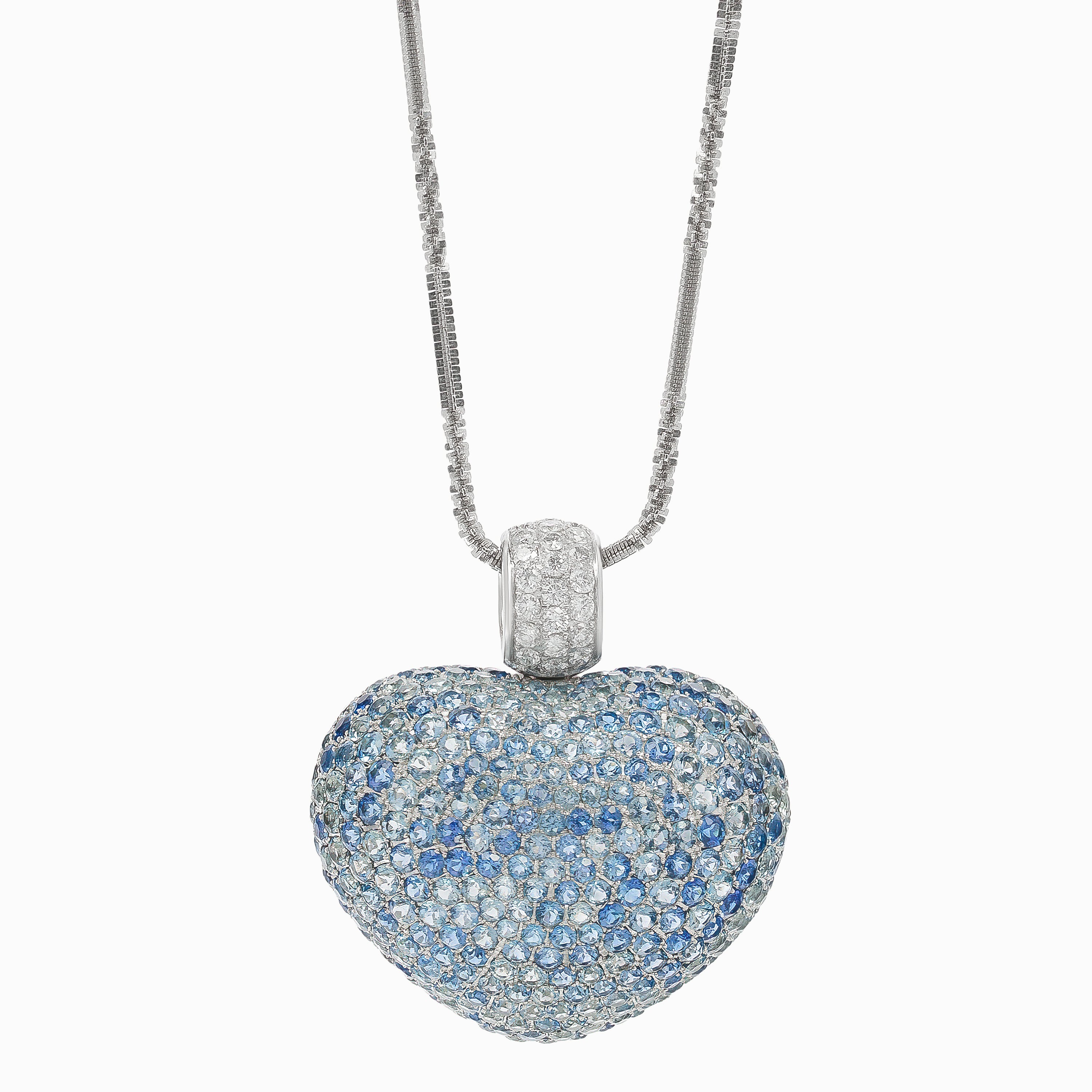 White Gold Pendant Necklace with Aquamarine, Diamond Stones