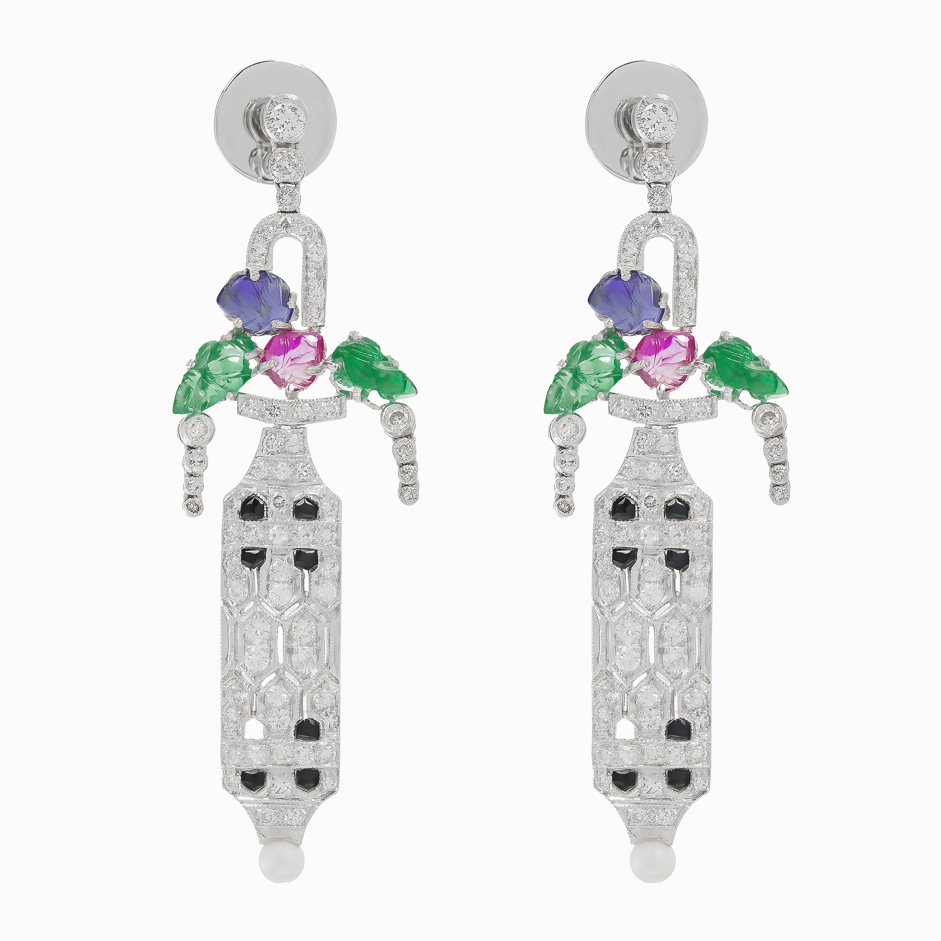 White Gold Drop Earrings with Diamond, Sapphire Stones