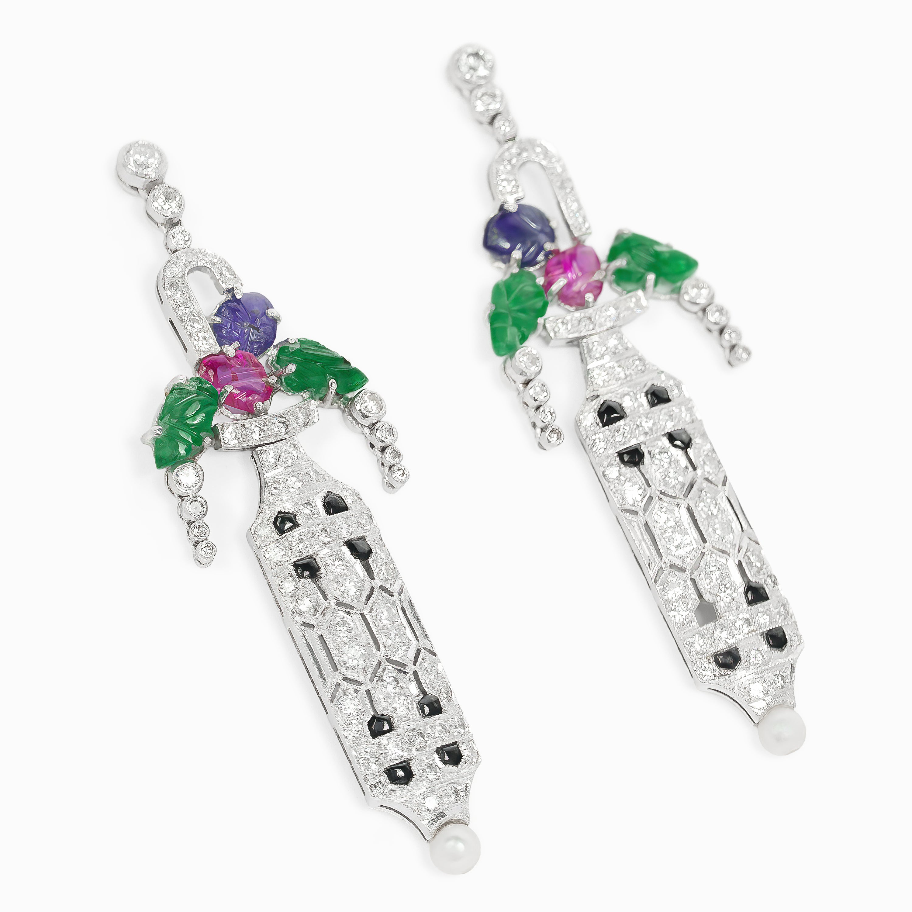 White Gold Drop Earrings with Diamond, Sapphire Stones