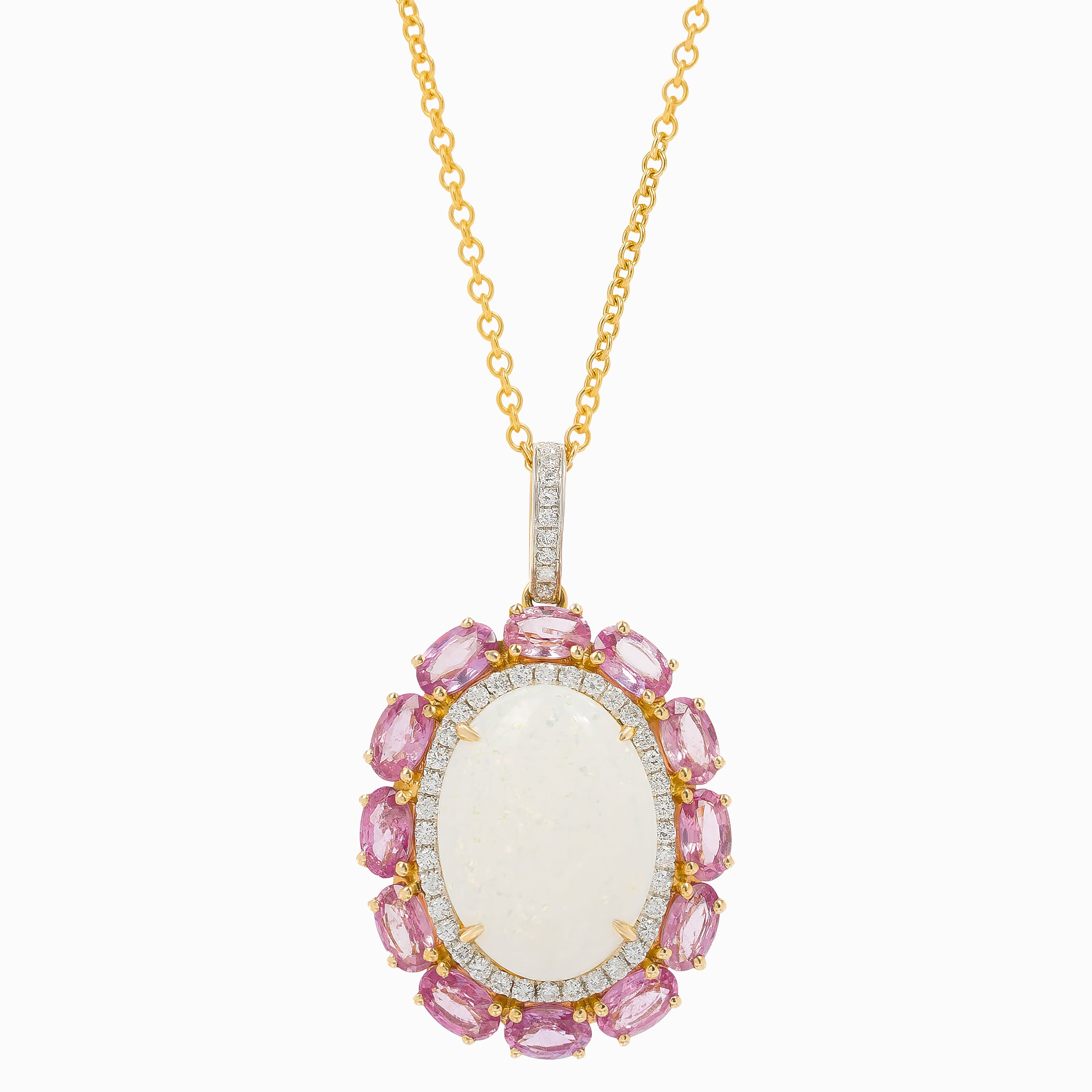 Rose Gold Pendant Necklace with Diamond, Opal, Sapphire Stones