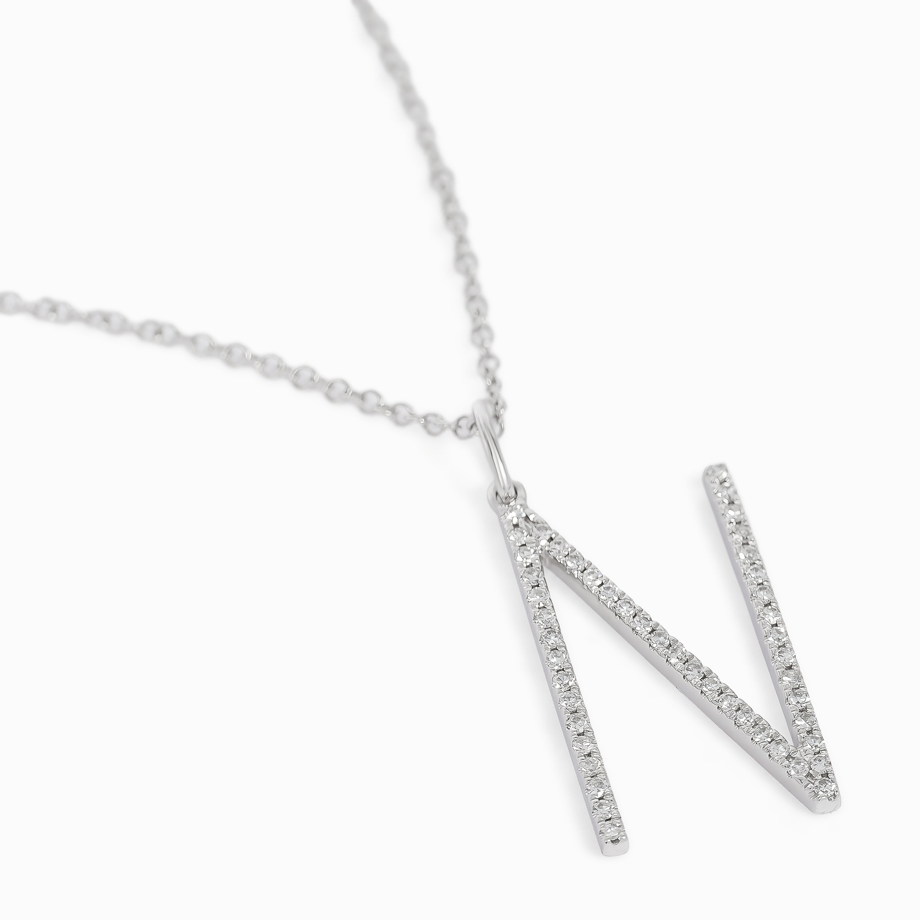 Letter N White Gold Pendant Initial Necklace with Diamond Only Stones