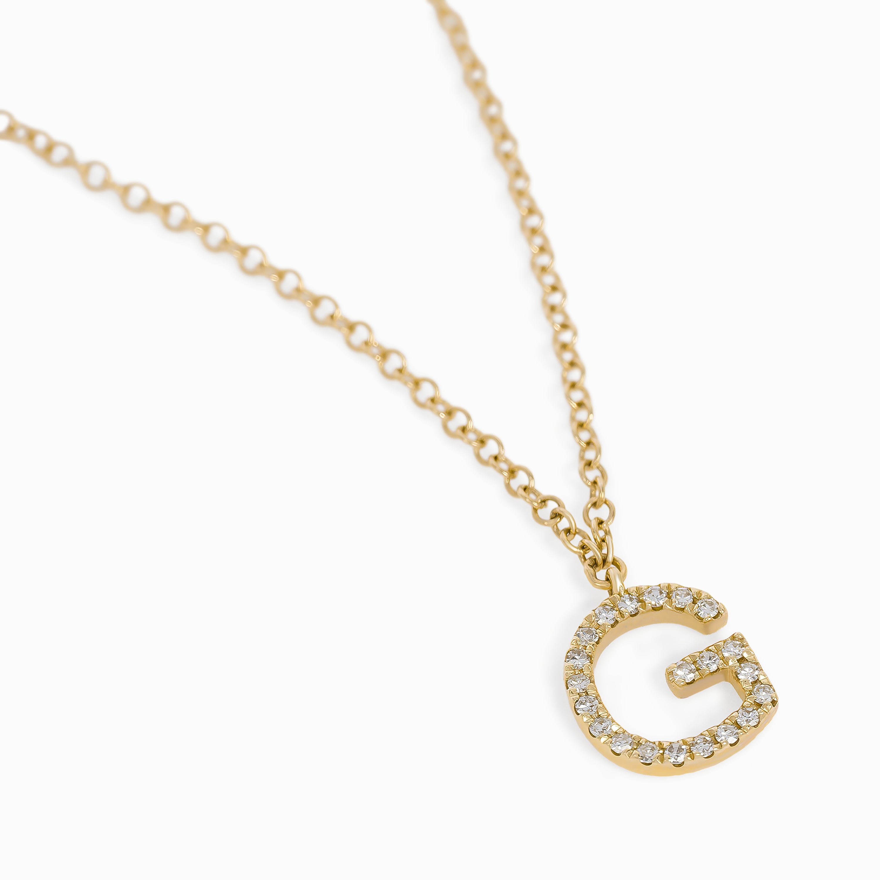 Letter G Yellow Gold Chain Pendant Initial Necklace with Diamond Only Stones