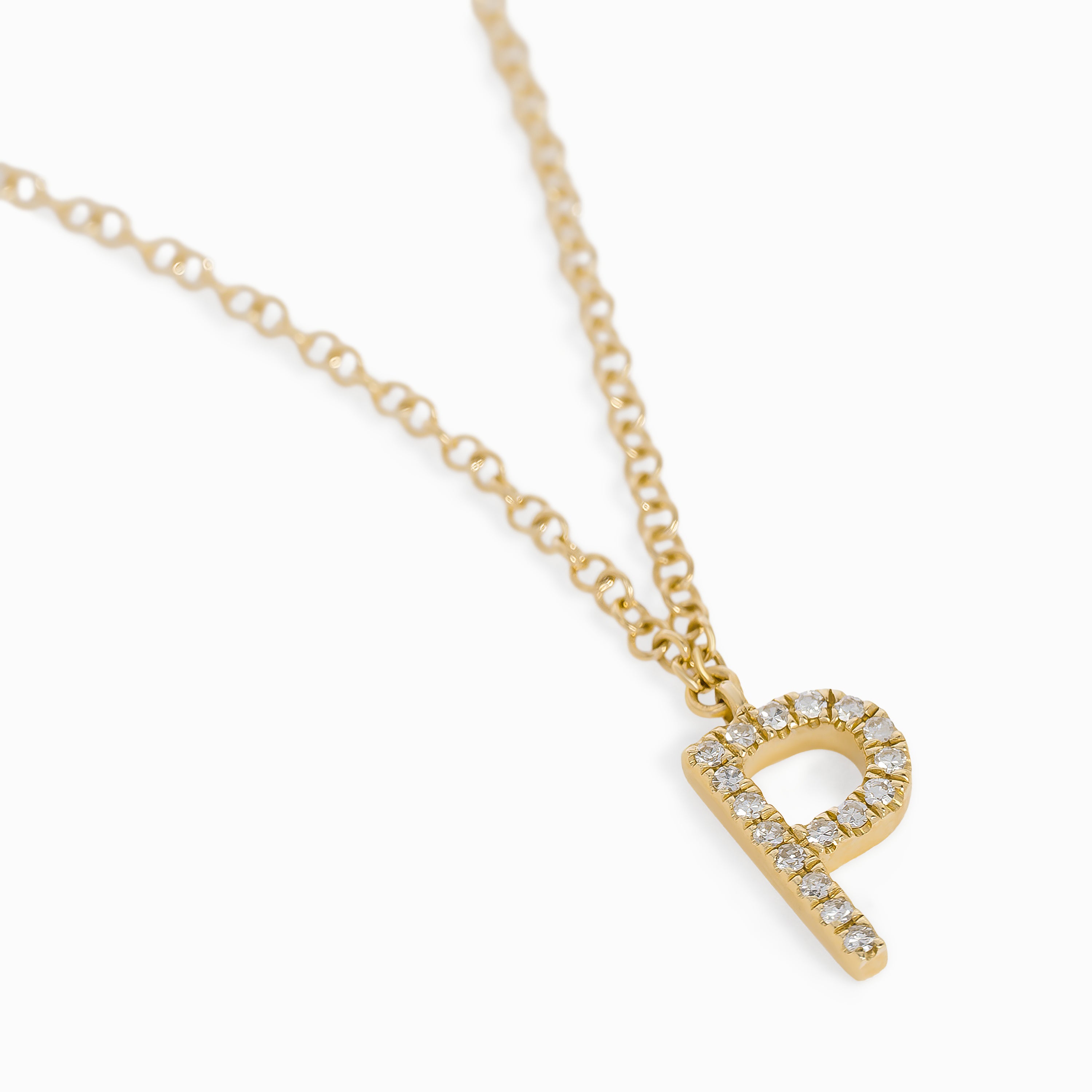Letter P Yellow Gold Chain Pendant Initial Necklace with Diamond Only Stones