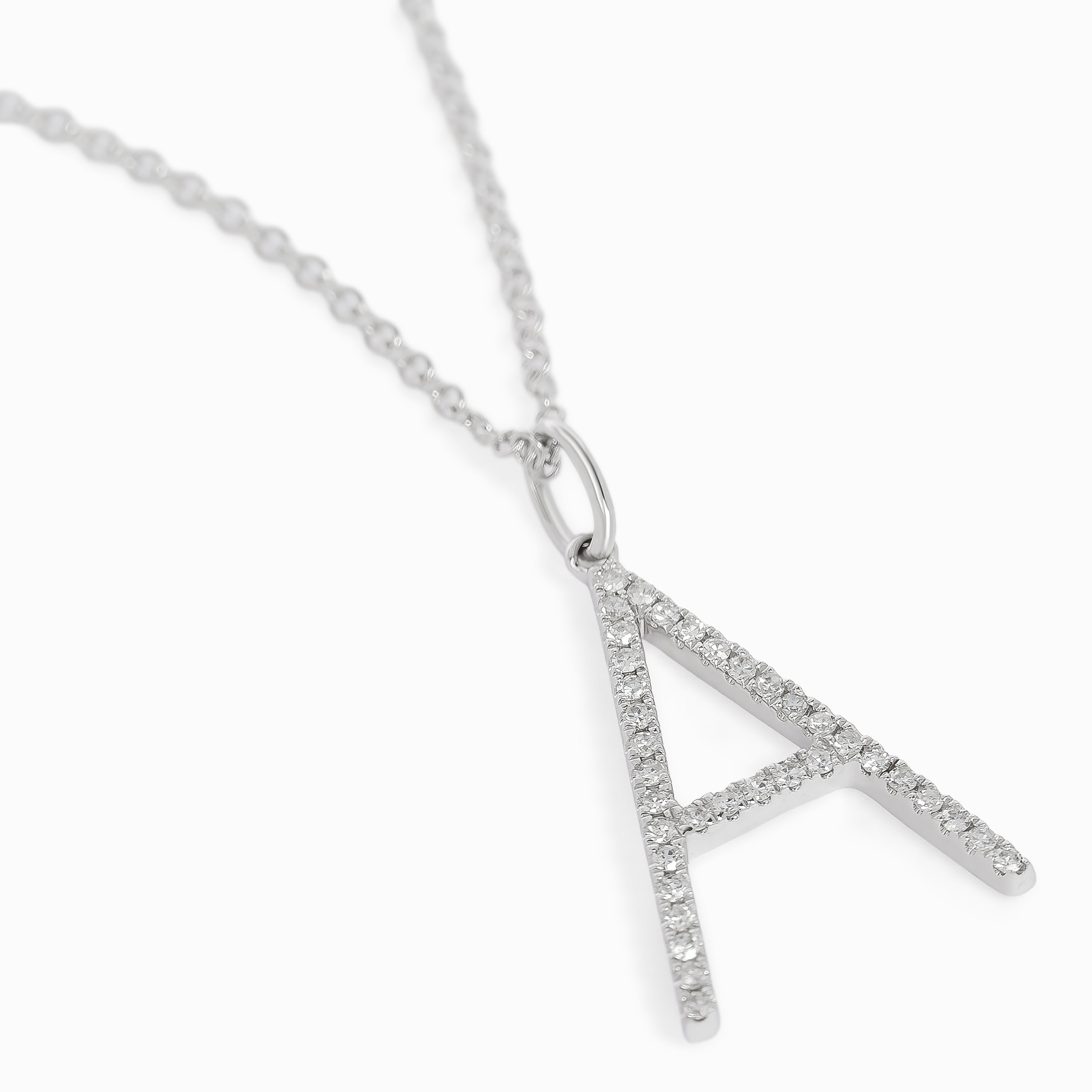 Letter A White Gold Chain Initial Necklace with Diamond Only Stones