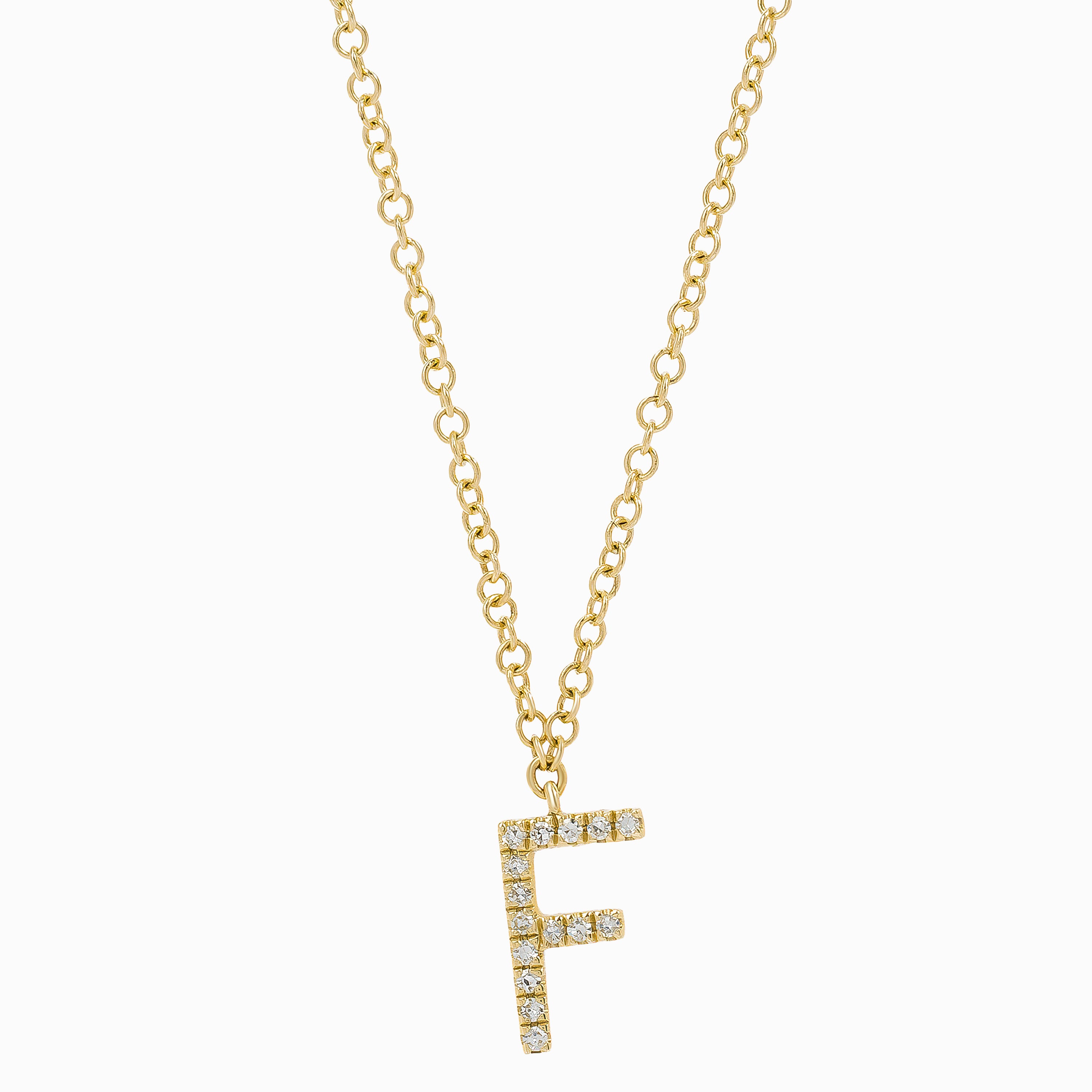 Letter F Yellow Gold Chain Initial Necklace with Diamond Only Stones