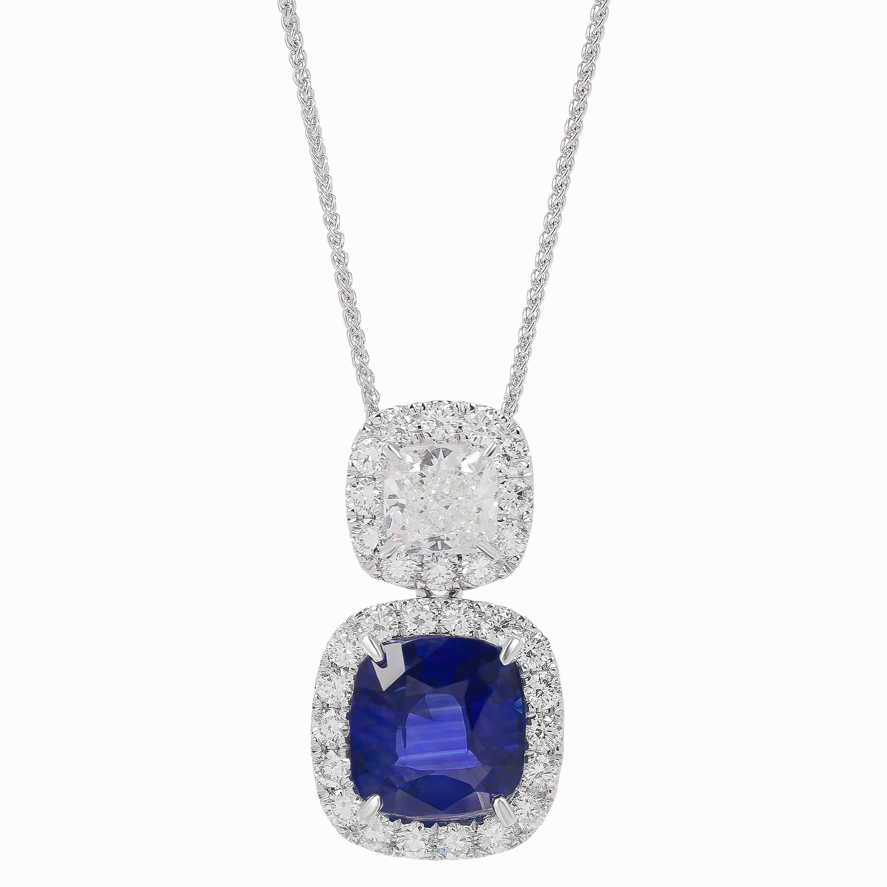 White Gold Pendant Necklace with Diamond, Sapphire Stones