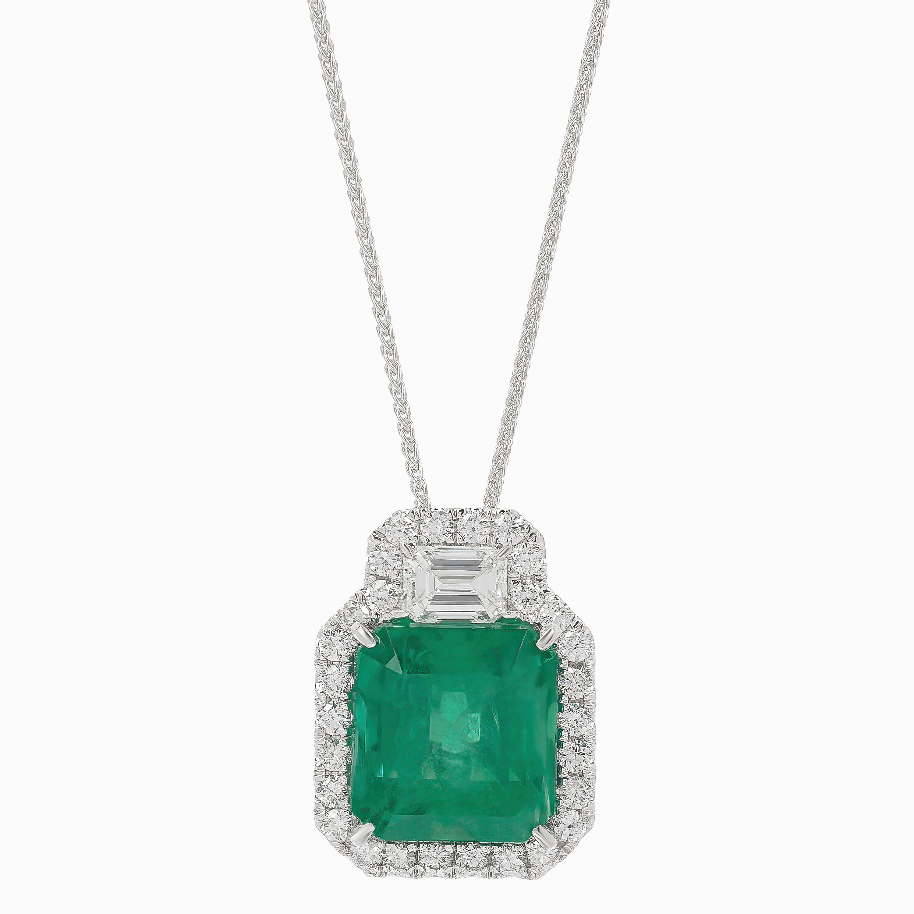 White Gold Pendant Necklace With Diamond, Emerald Stones