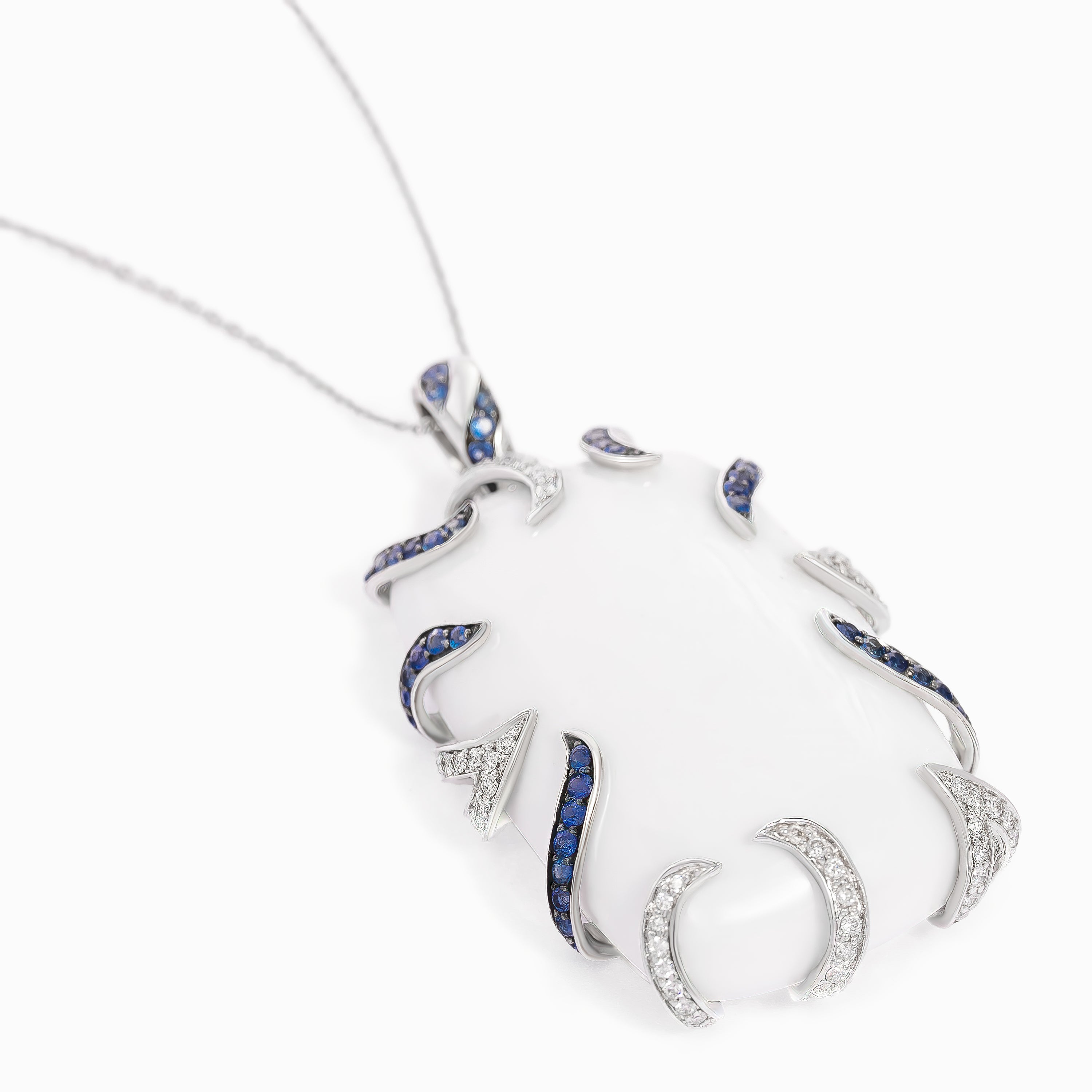 White Gold Pendant Necklace with Diamond, Sapphire Stones