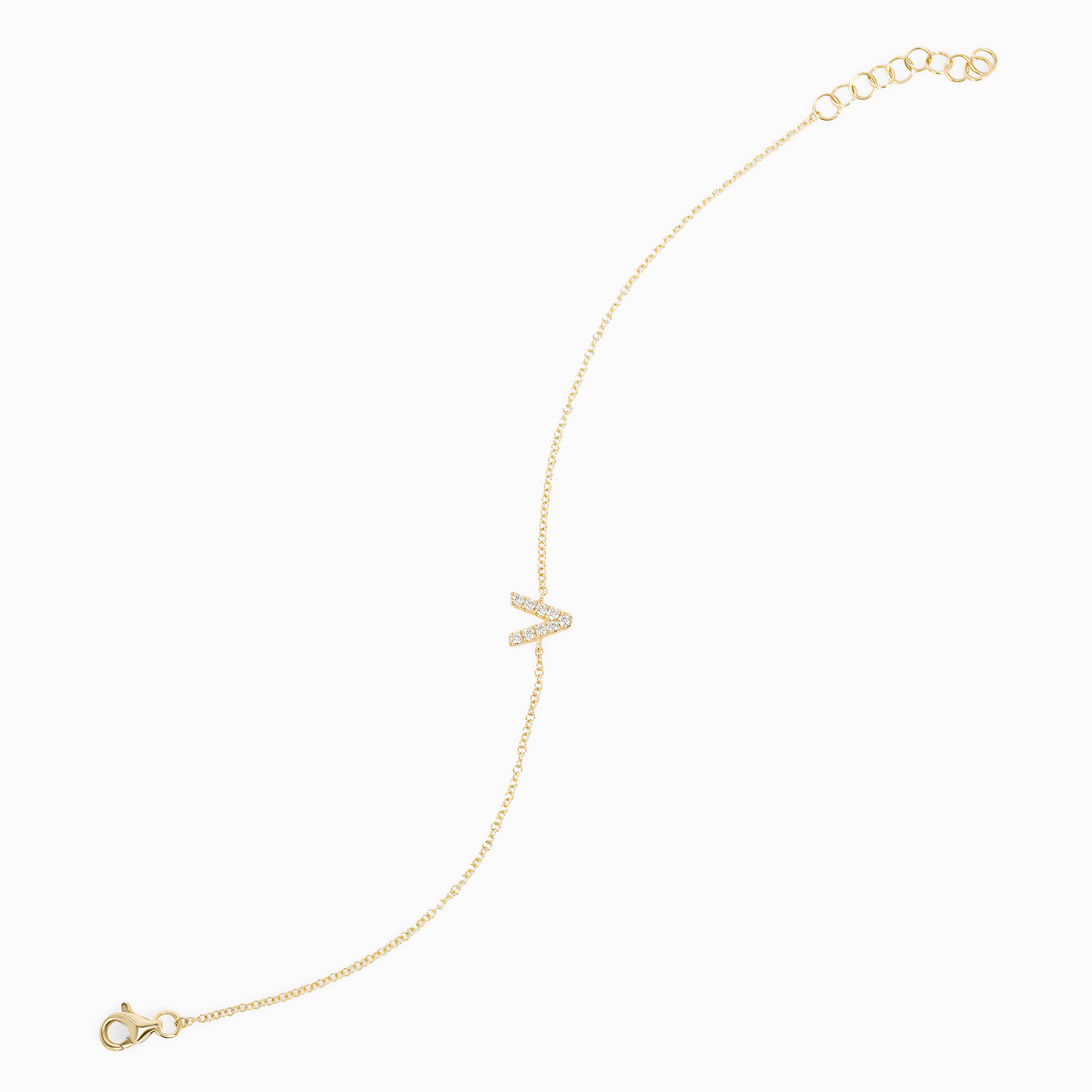Letter V Yellow Gold Chain Initial Bracelet with Diamond Only Stones
