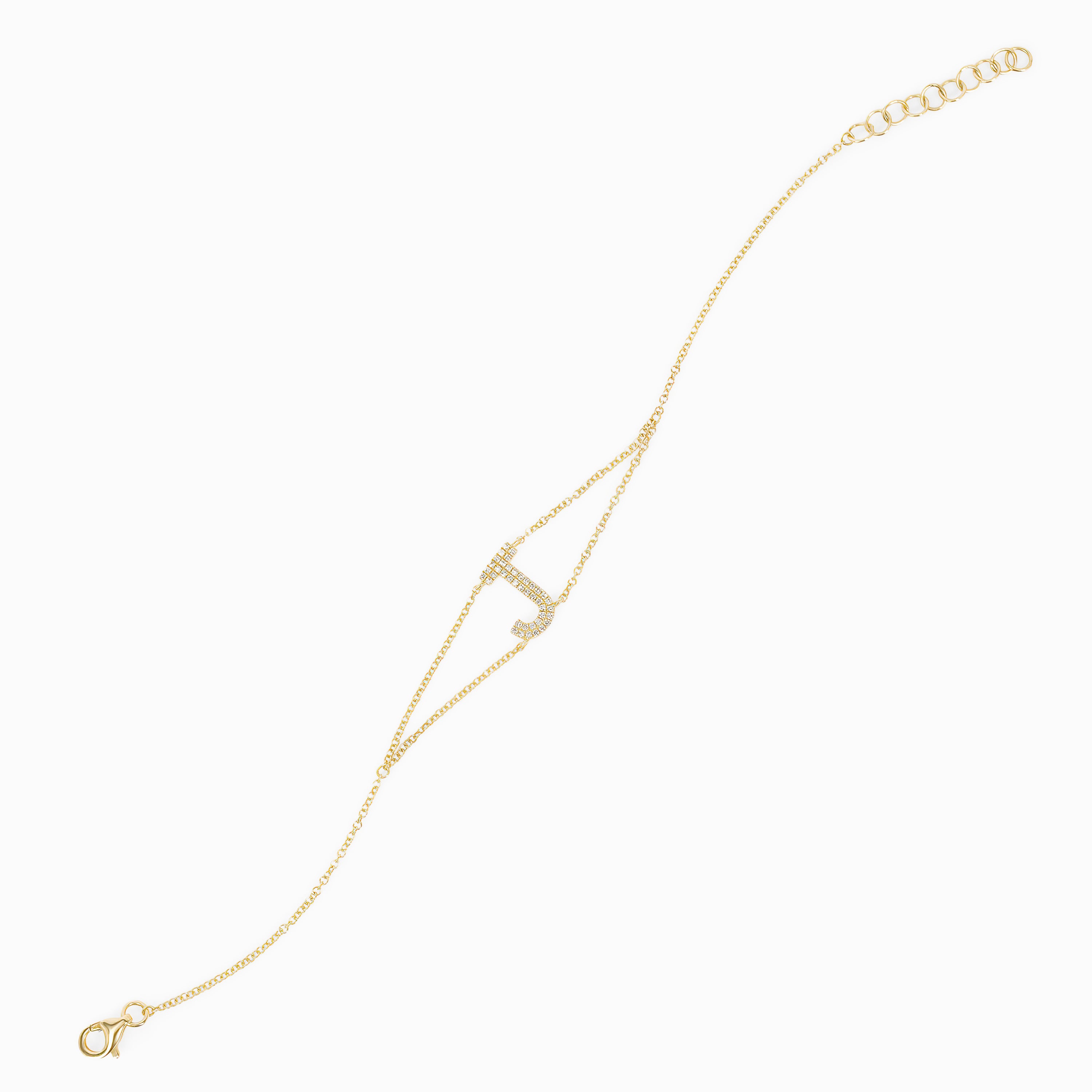 Letter J Yellow Gold Chain Initial Bracelet with Diamond Only Stones