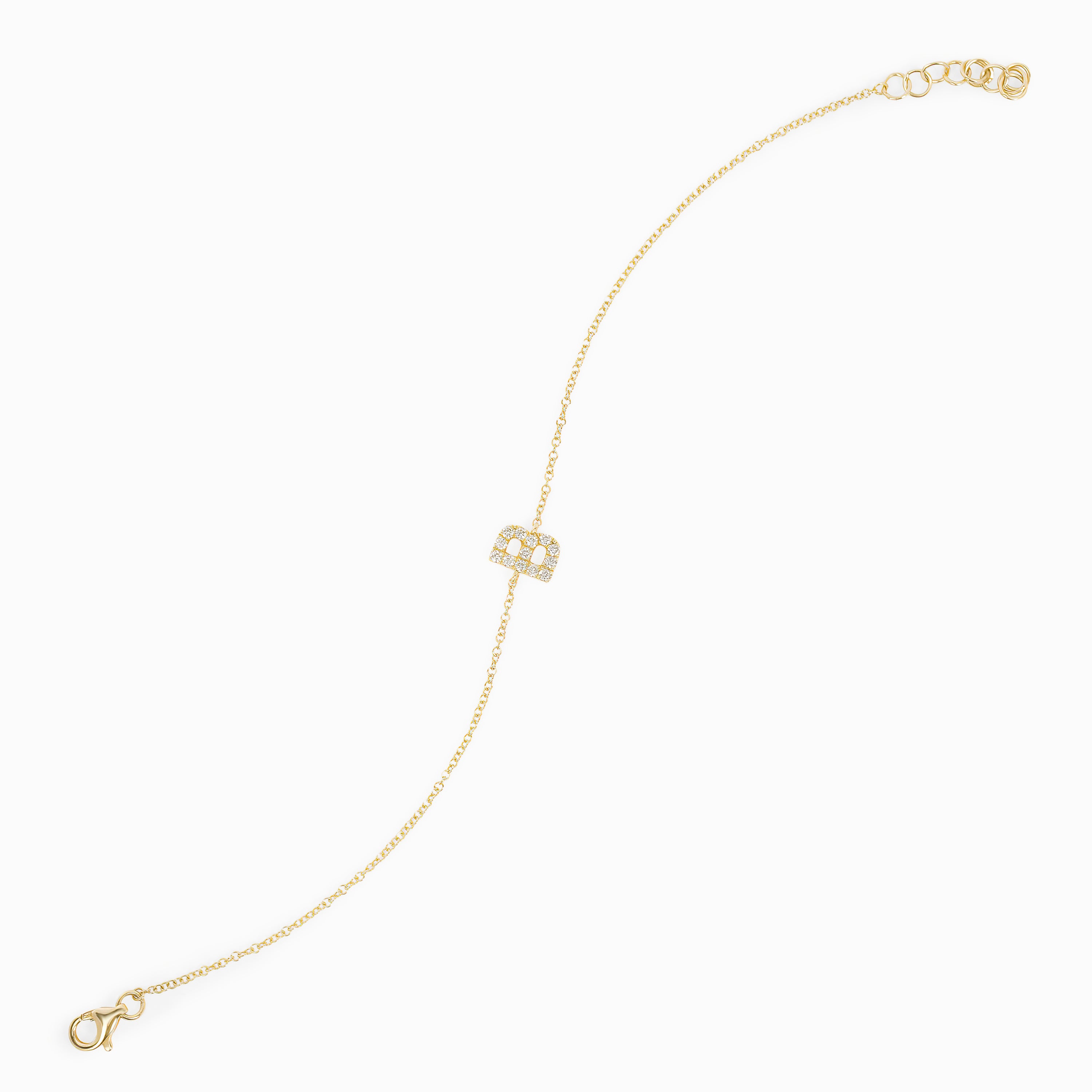 Letter B Yellow Gold Chain Initial Bracelet with Diamond Only Stones