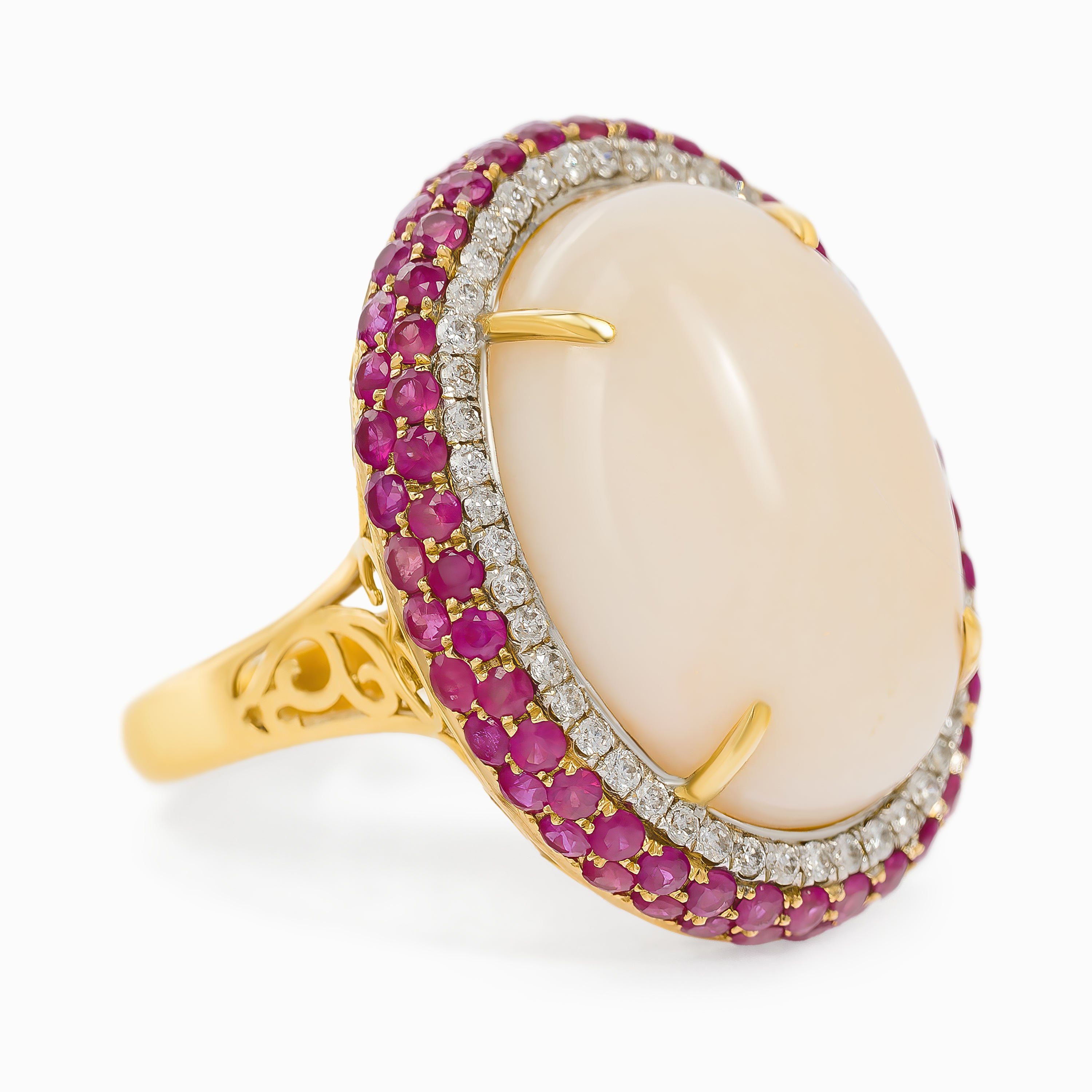 Yellow Gold Ring with Coral, Diamond, Ruby Stones
