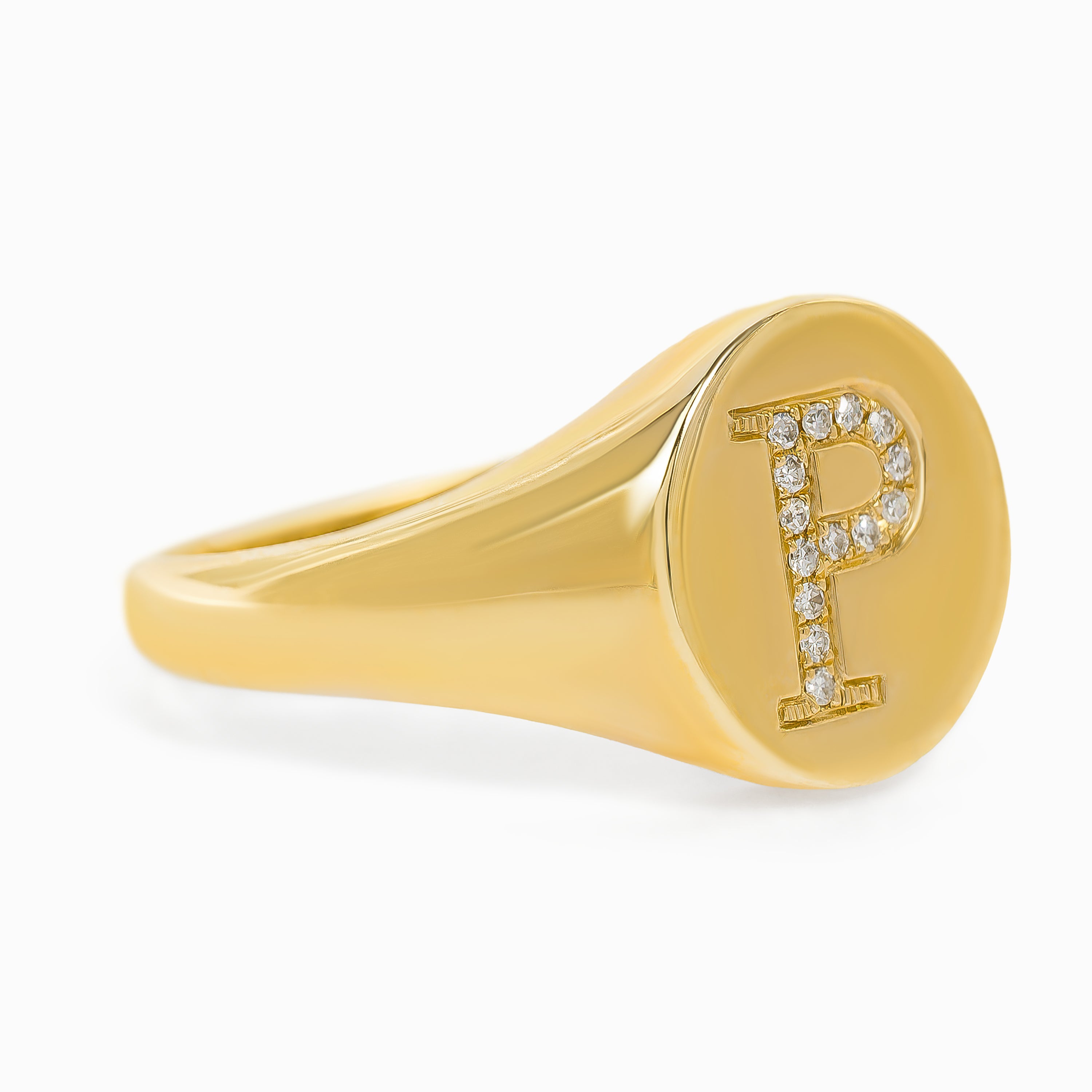 Letter P Yellow Gold Initial Ring with Diamond Only Stones