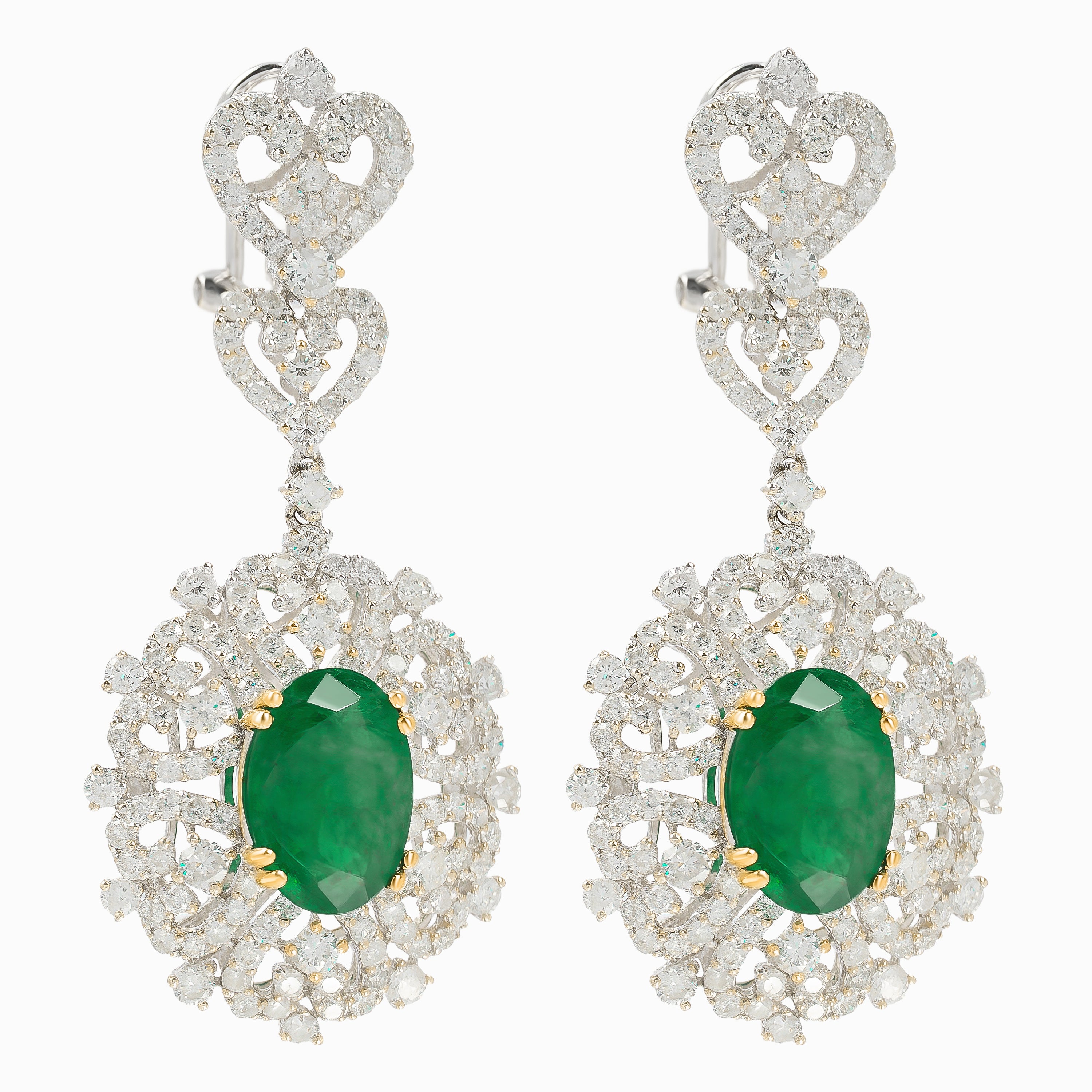 White Gold Drop Earrings with Diamond, Emerald Stones