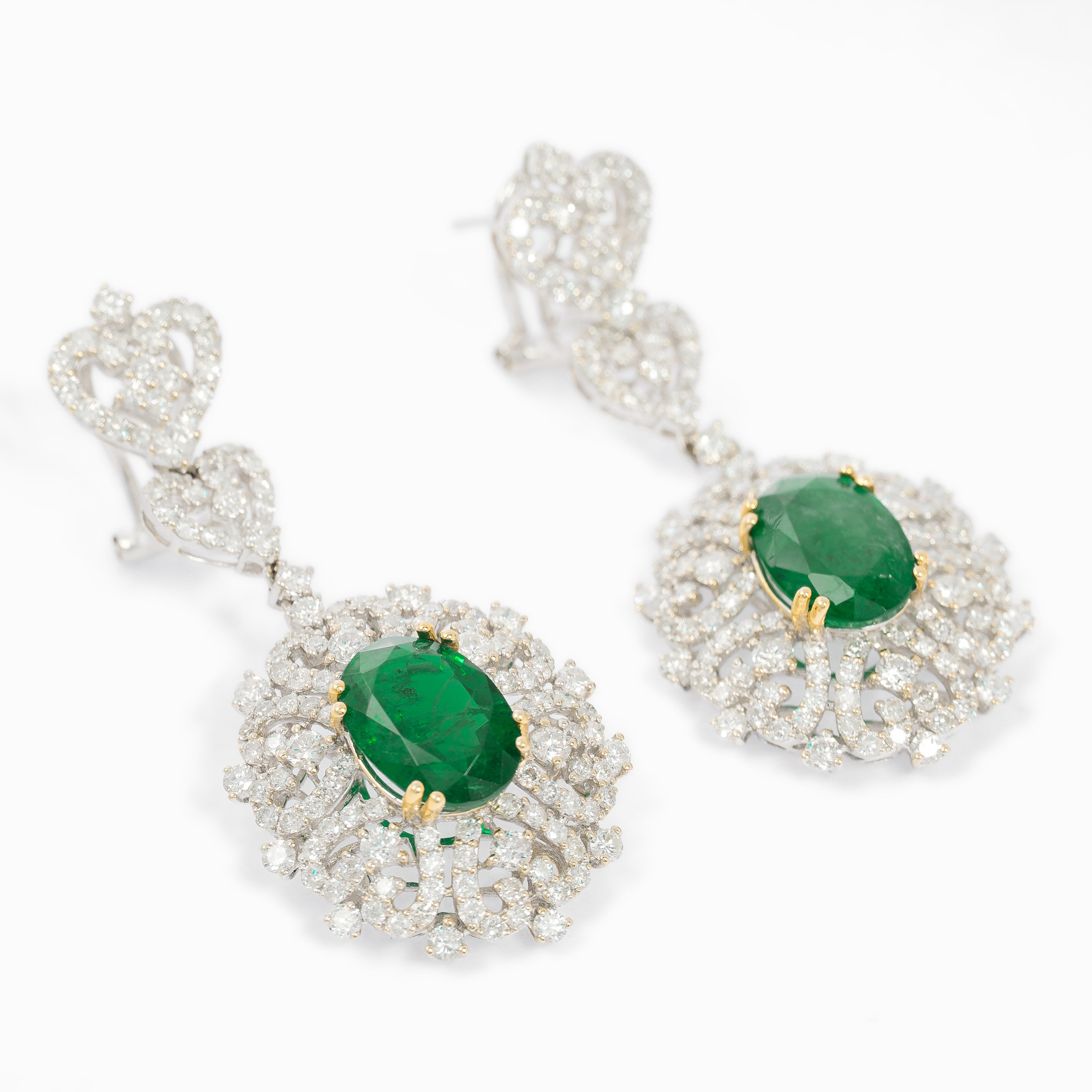 White Gold Drop Earrings with Diamond, Emerald Stones