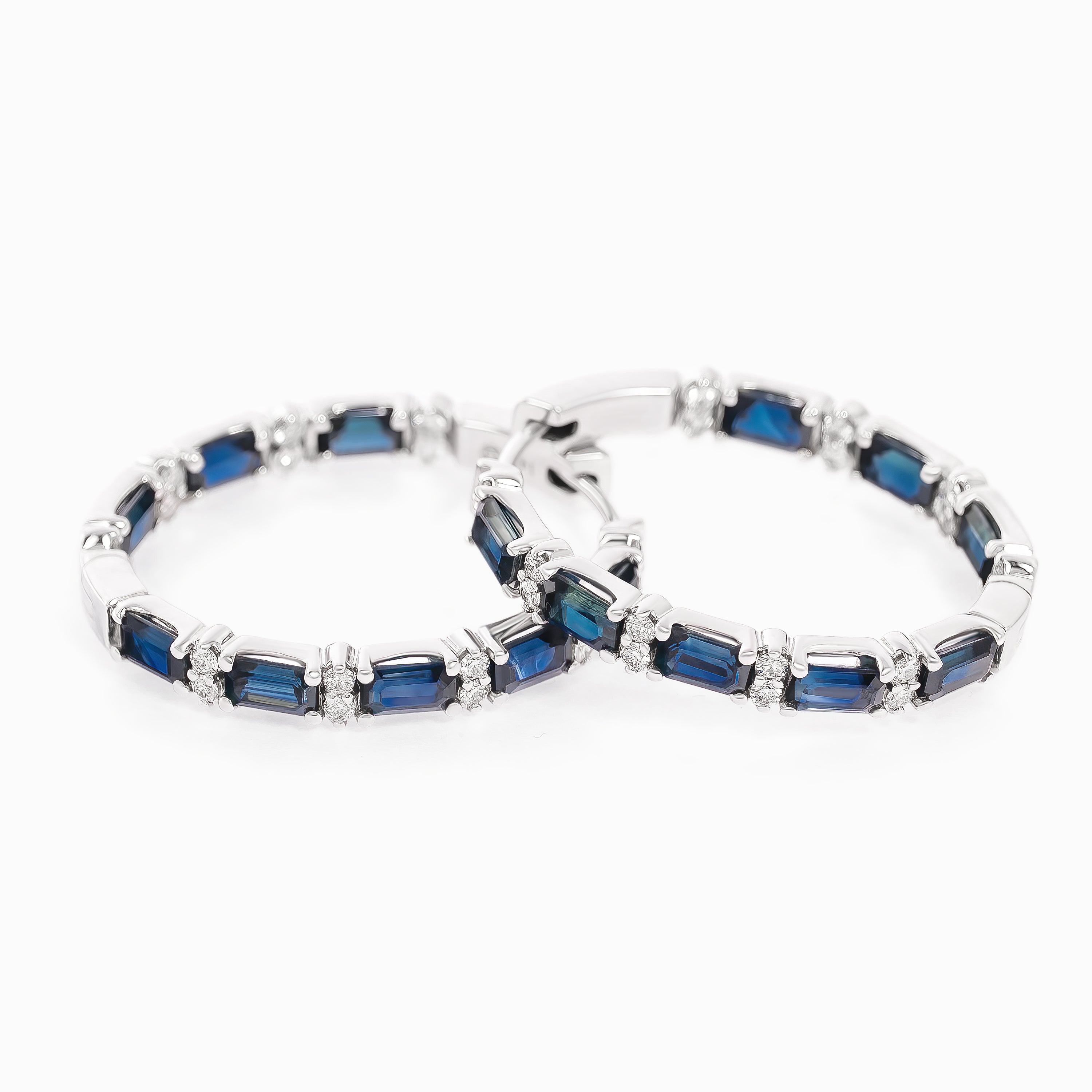 White Gold Hoop Earrings with Diamond, Sapphire Stones