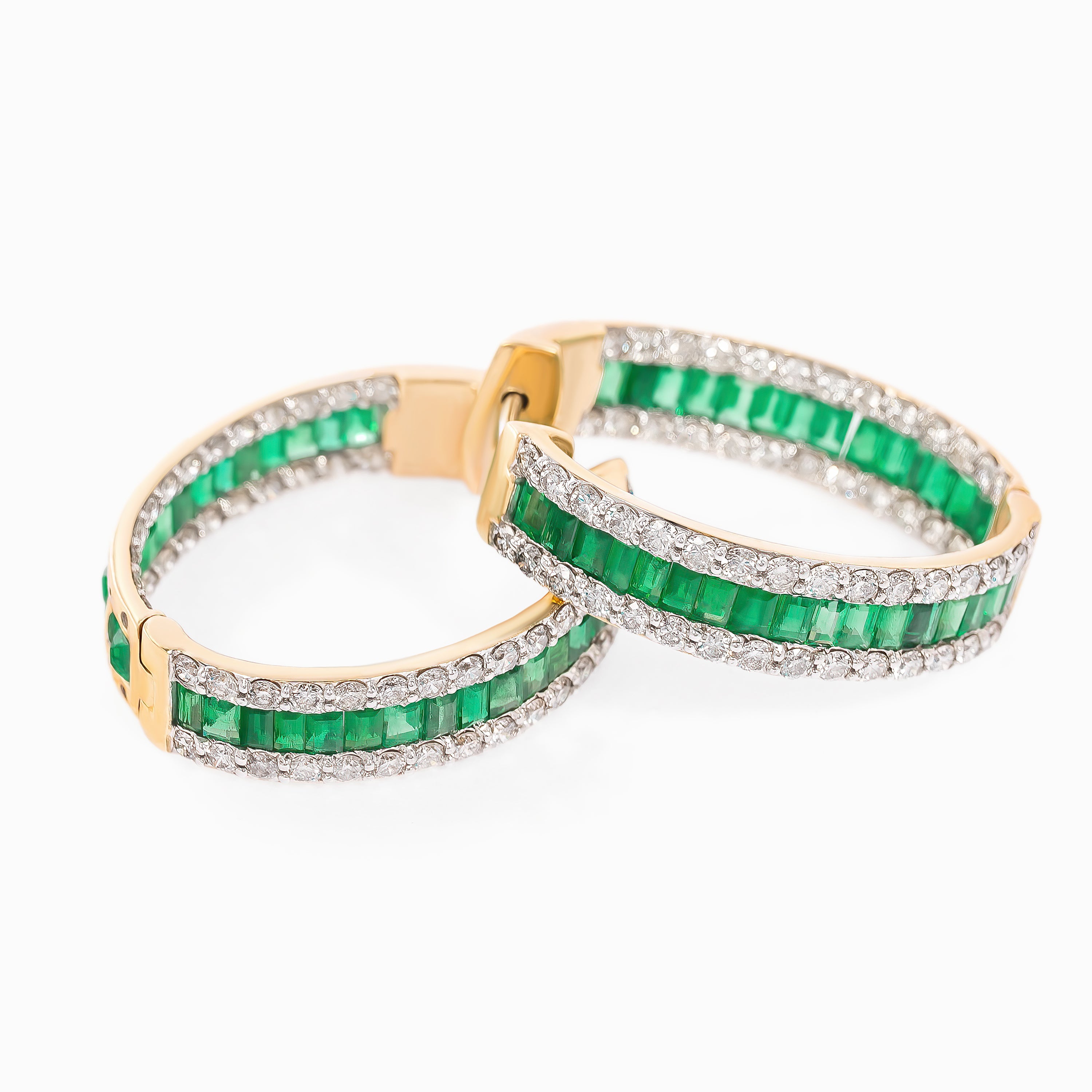 Yellow Gold Hoop Earrings with Diamond, Emerald Stones