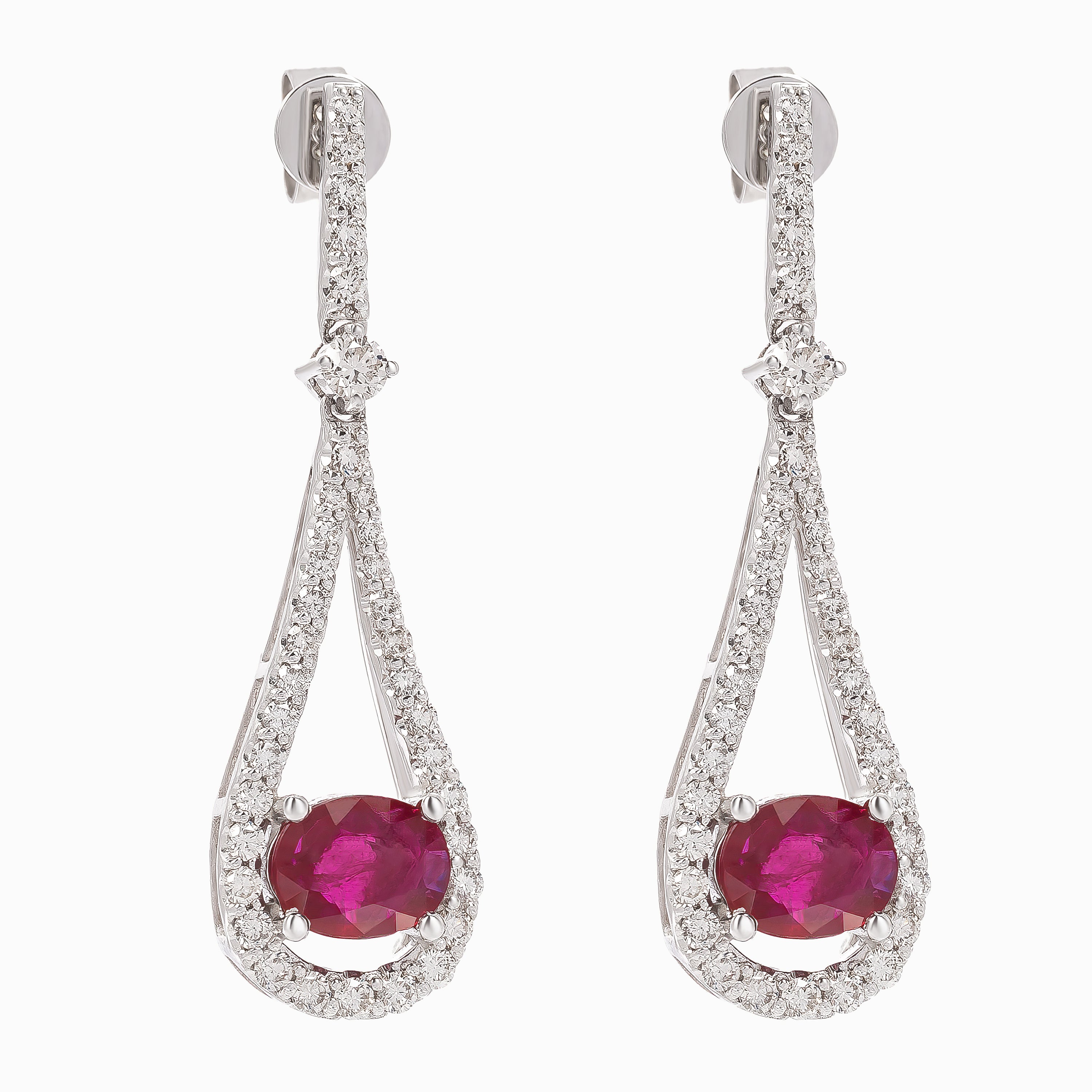 White Gold Drop Earrings with Diamond, Ruby Stones
