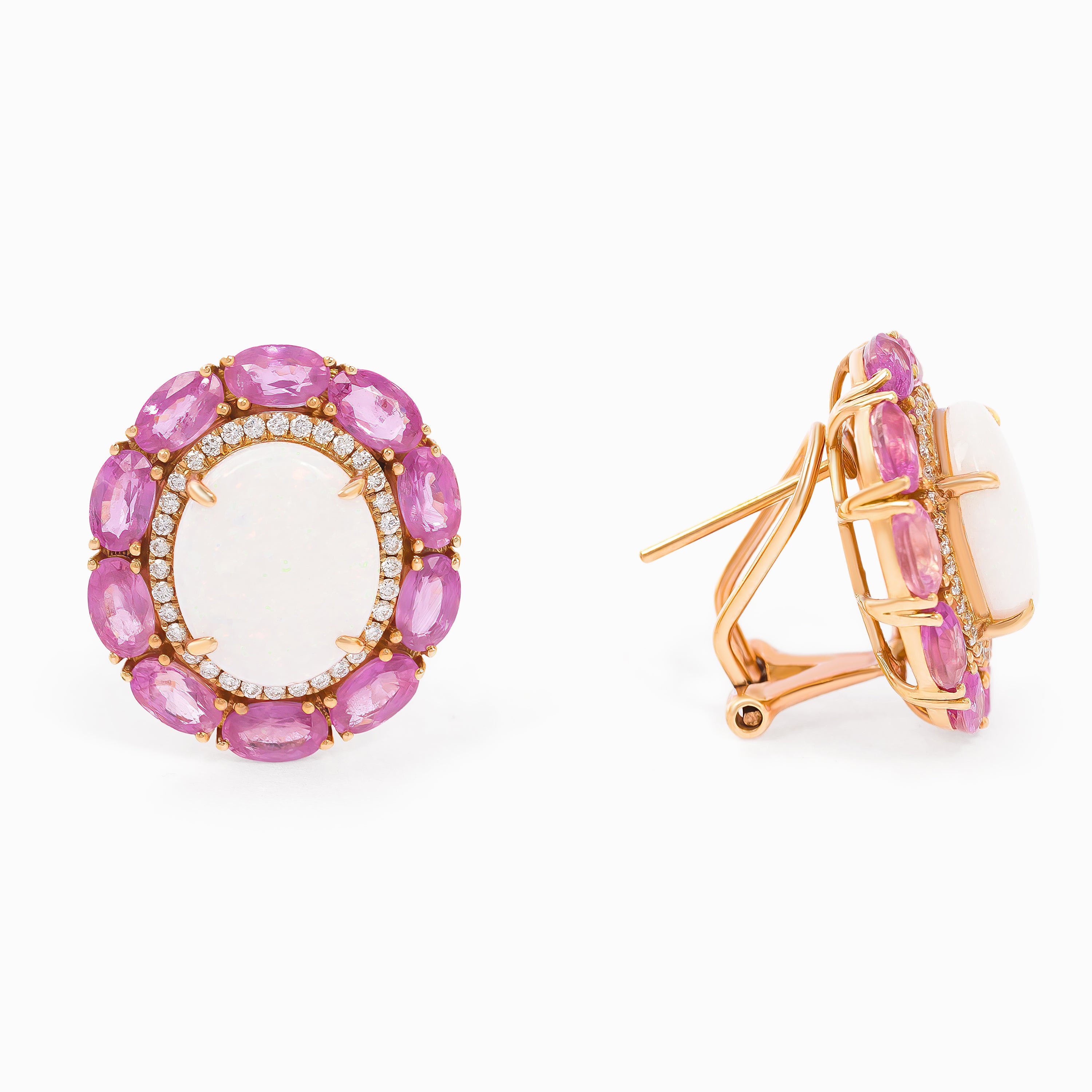 Rose Gold Stud Earrings with Diamond, Opal, Sapphire Stones