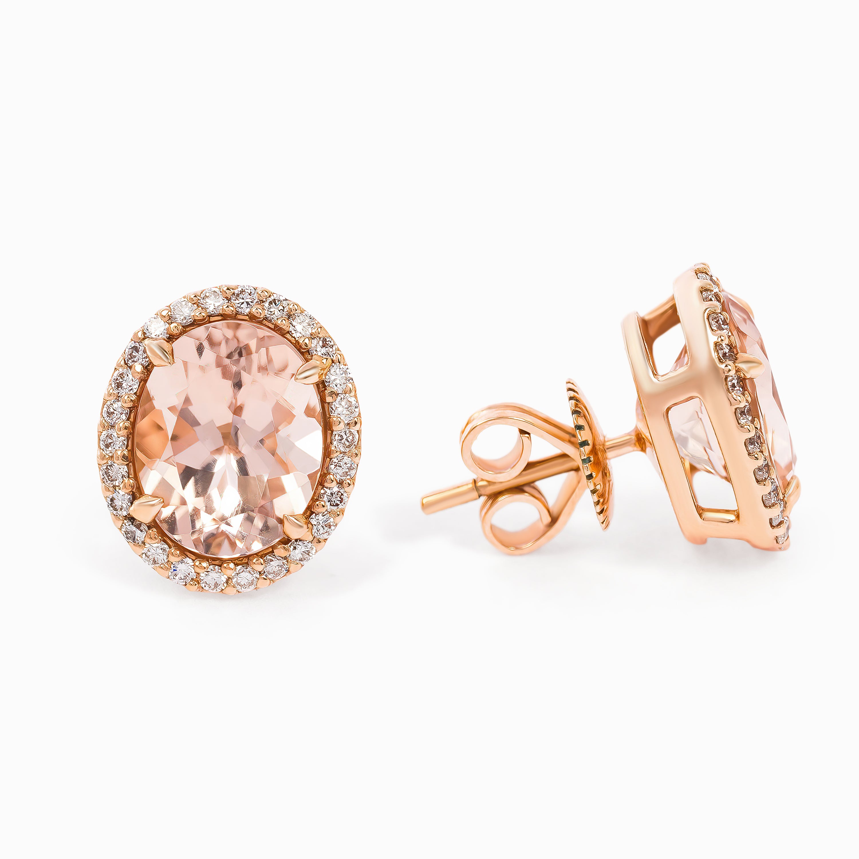 Rose Gold Stud Earrings with Diamond, Morganite Stones
