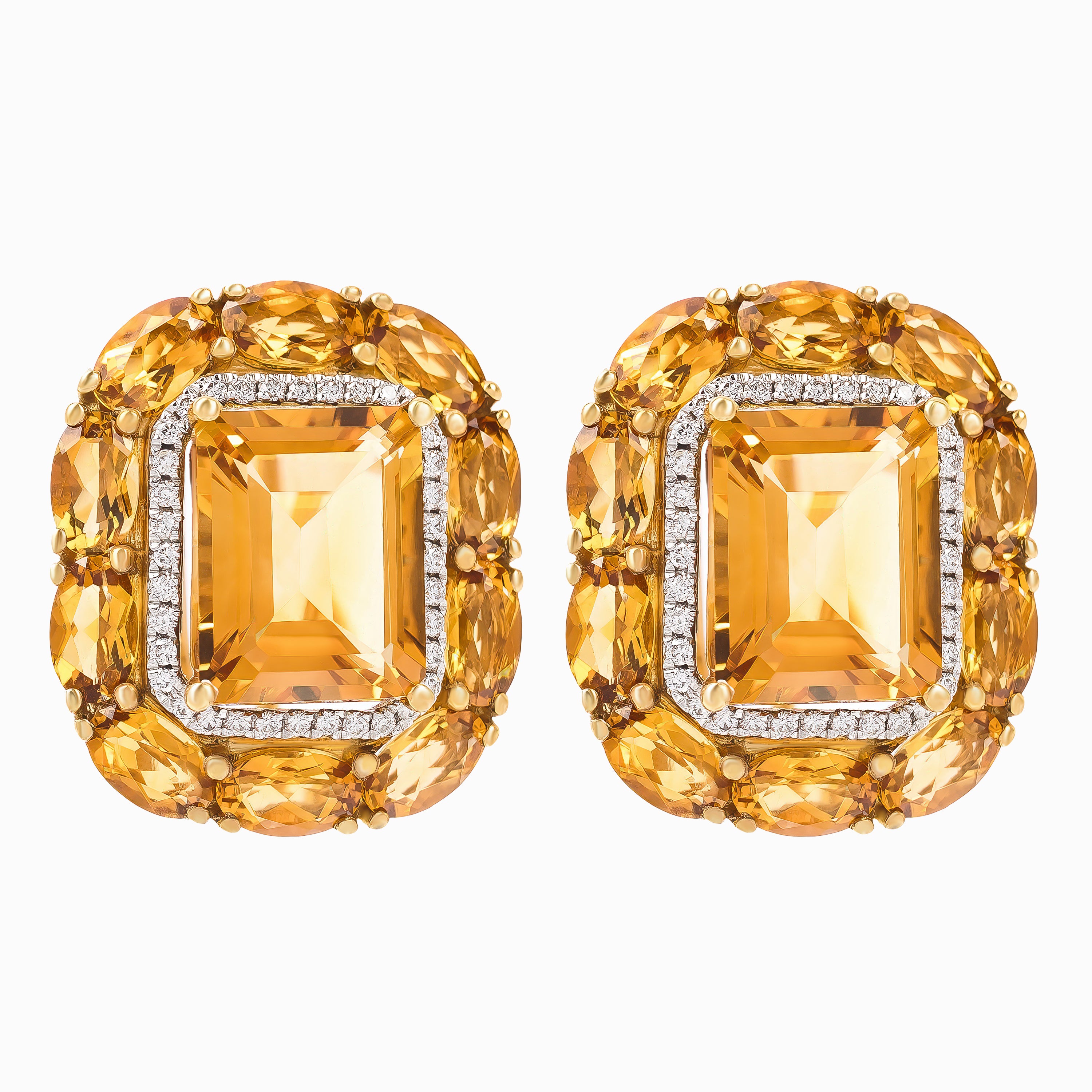 Yellow Gold Stud Earrings with Citrine, Diamond Stones