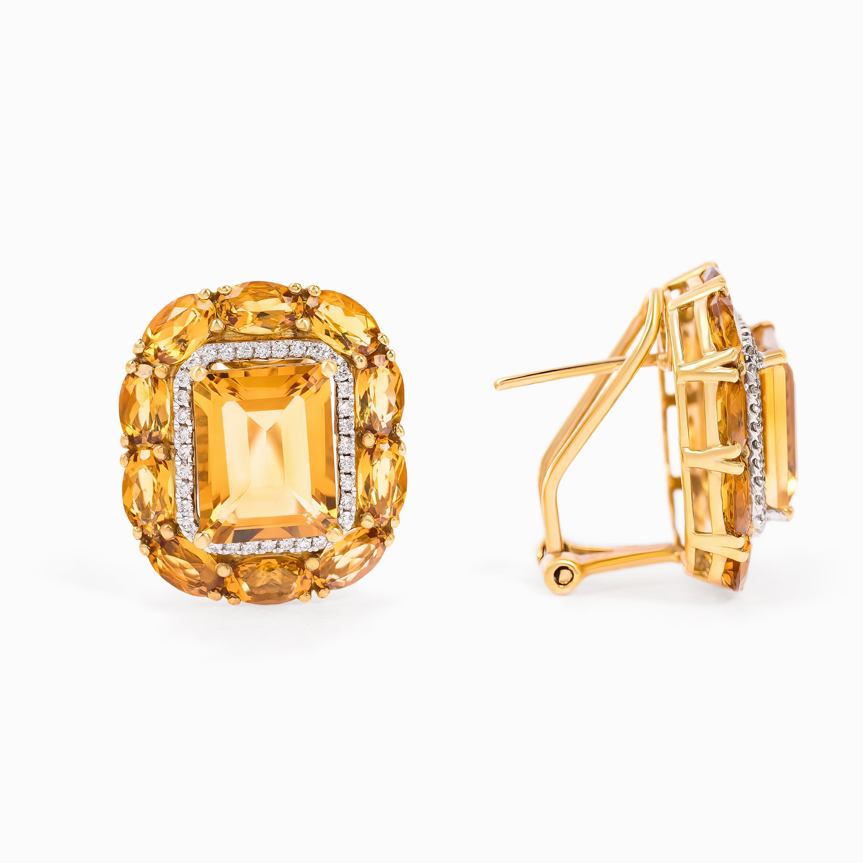 Yellow Gold Stud Earrings with Citrine, Diamond Stones