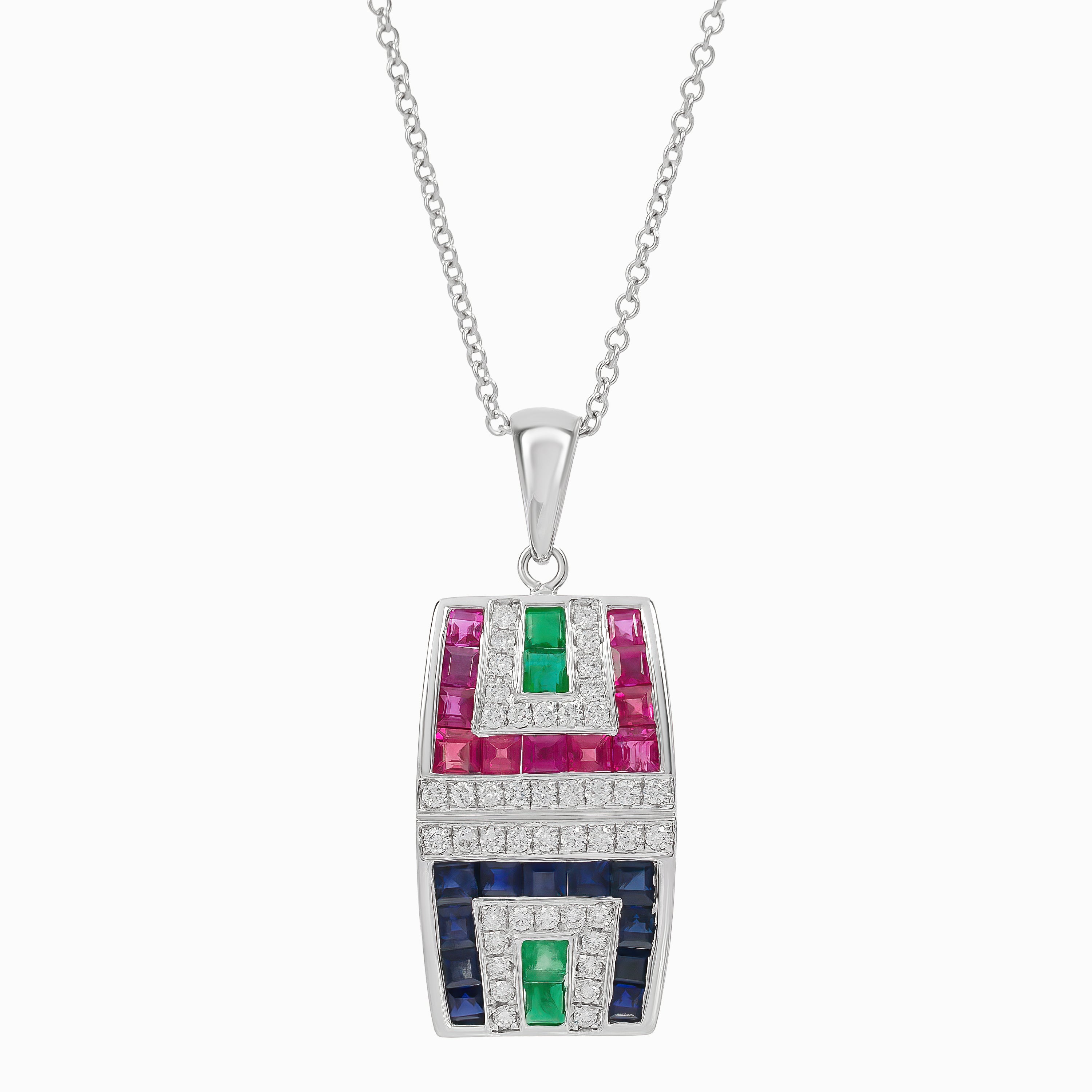 White Gold Pendant Necklace with Diamond, Emerald, Ruby, Sapphire Stones