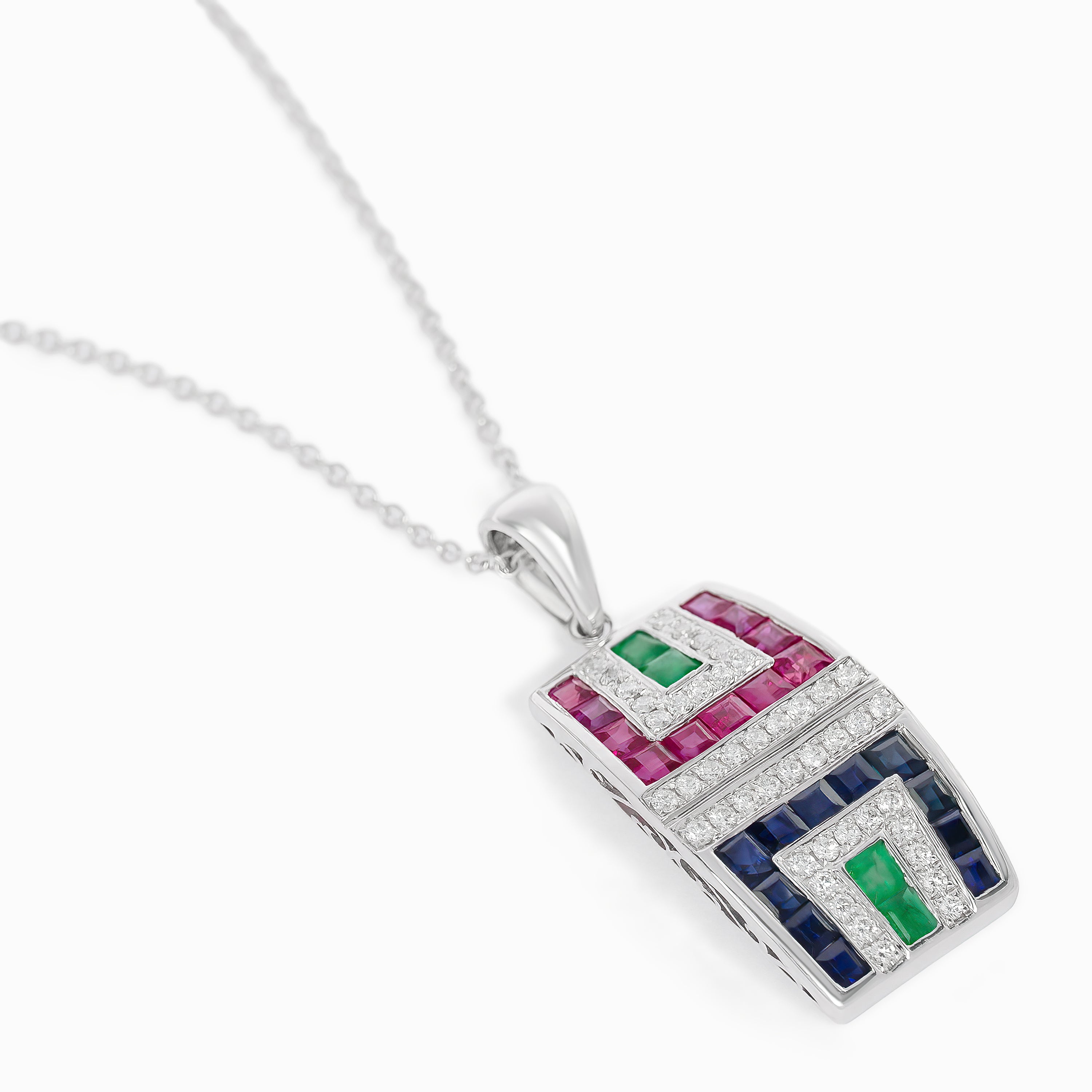 White Gold Pendant Necklace with Diamond, Emerald, Ruby, Sapphire Stones
