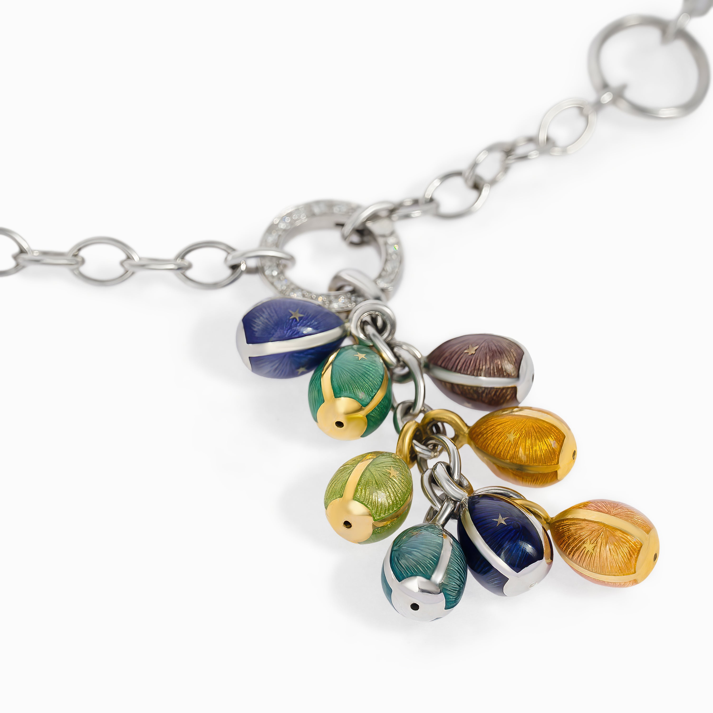 White Gold Chain Pendant Necklace with Diamond, Enamel Stones