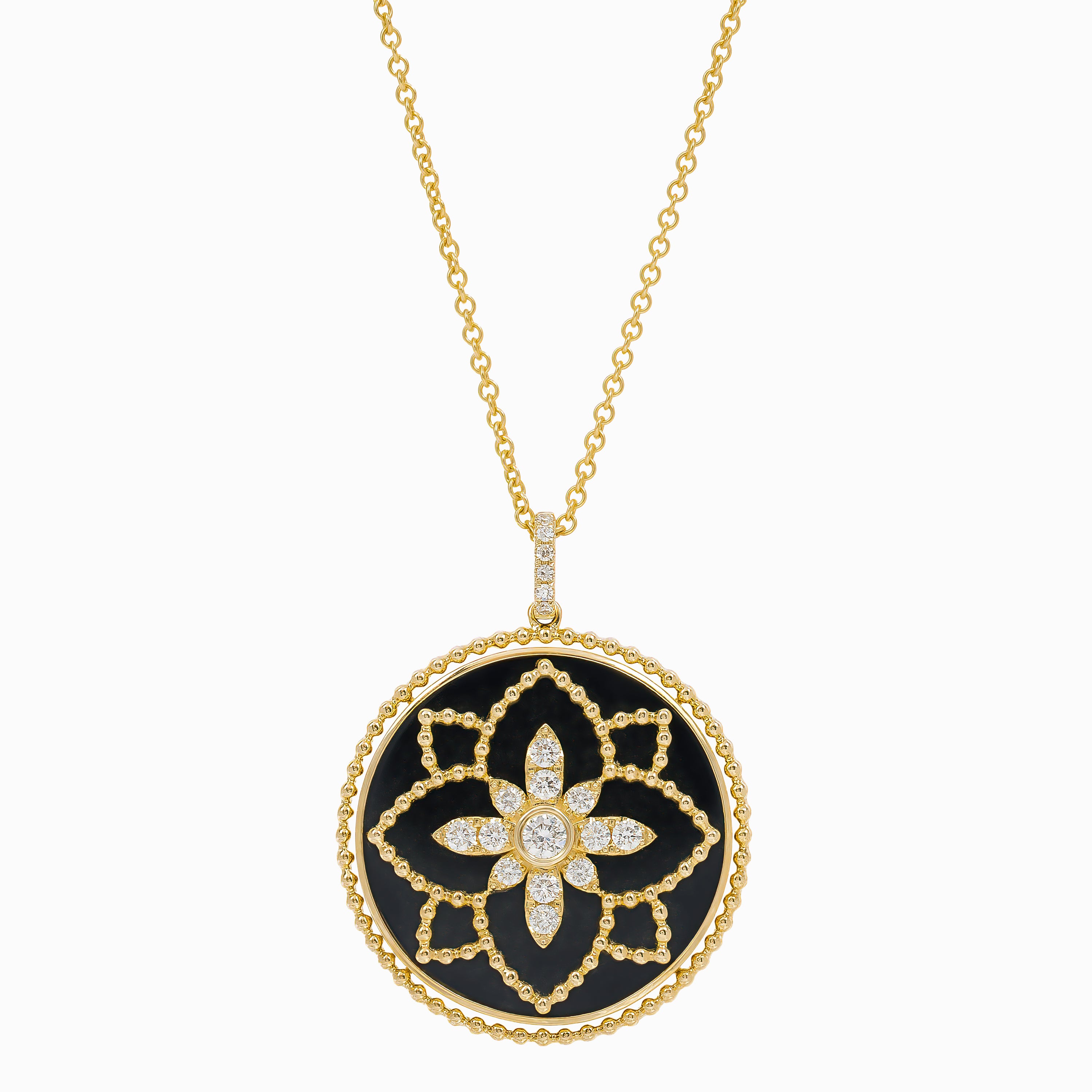 Yellow Gold Pendant Necklace with Diamond, Onyx Stones