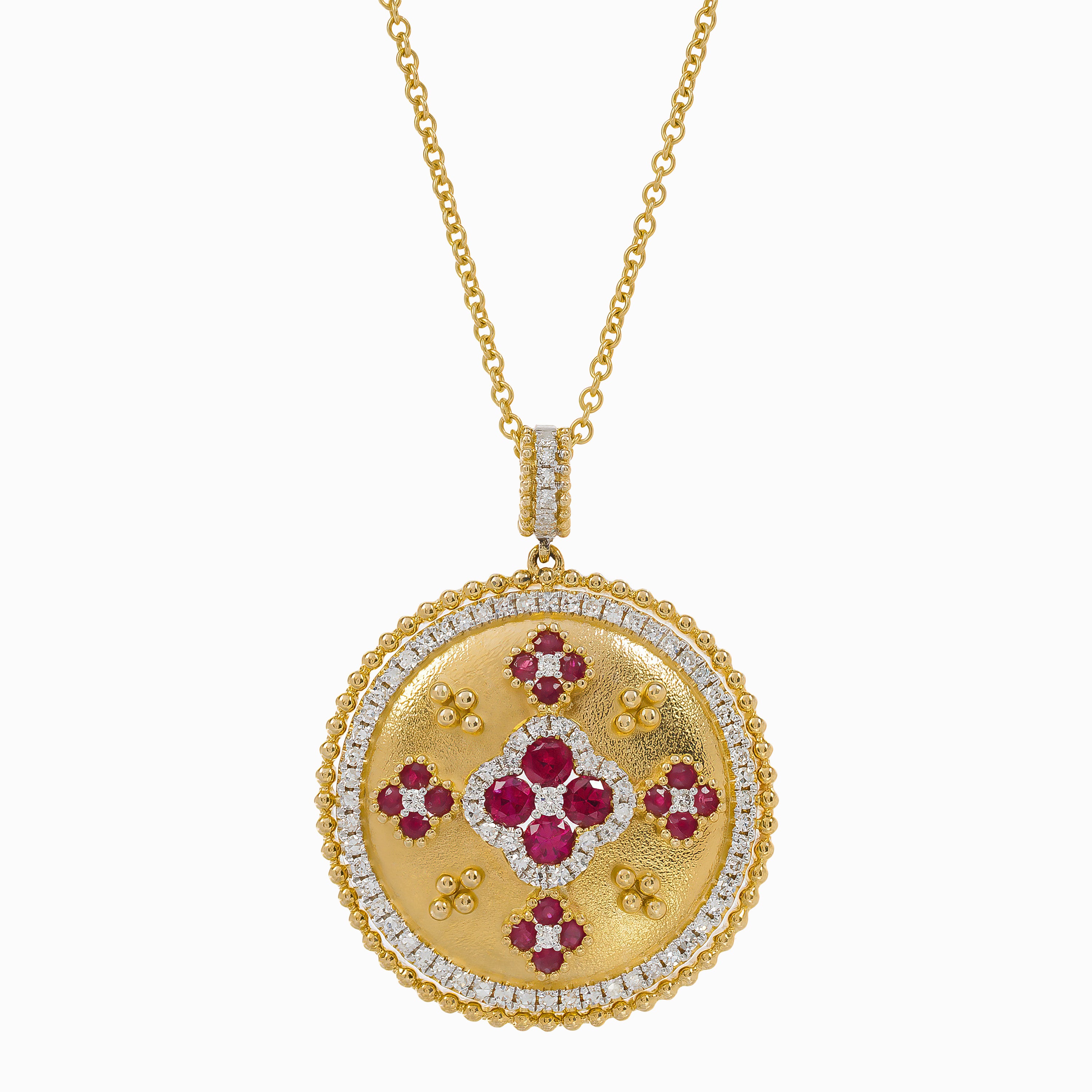 Yellow Gold Pendant Necklace with Diamond, Ruby Stones