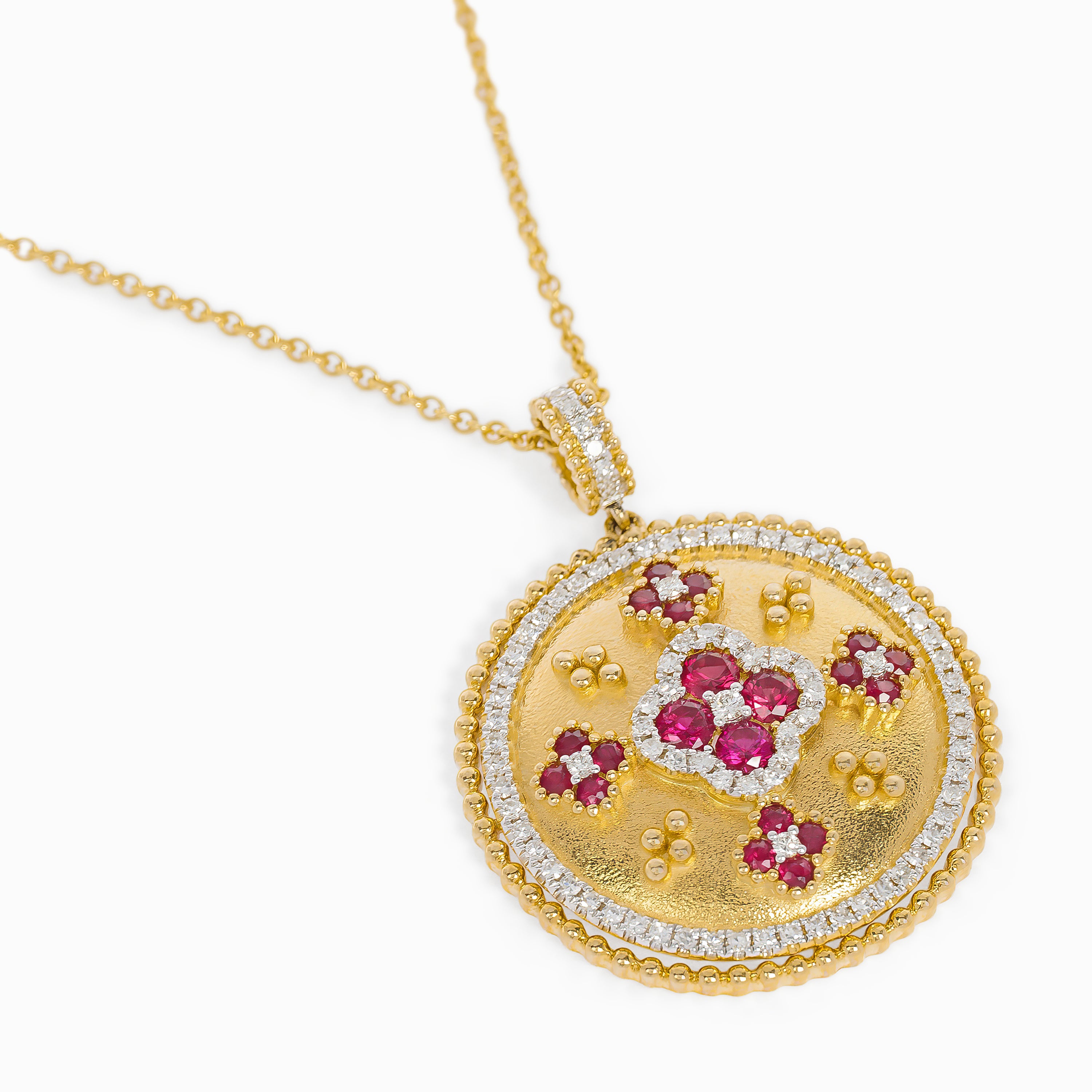Yellow Gold Pendant Necklace with Diamond, Ruby Stones