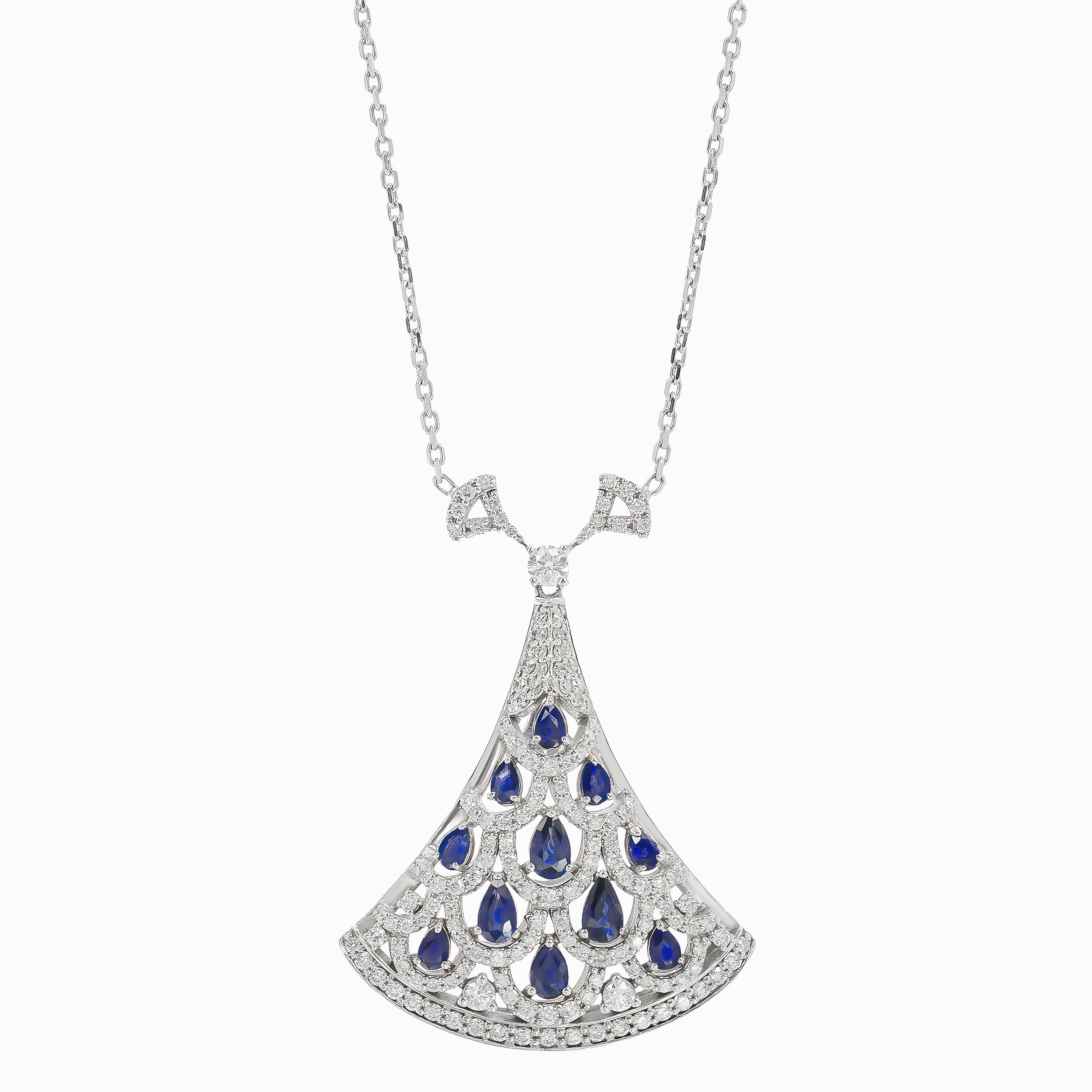 White Gold Pendant Necklace with Diamond, Sapphire Stones