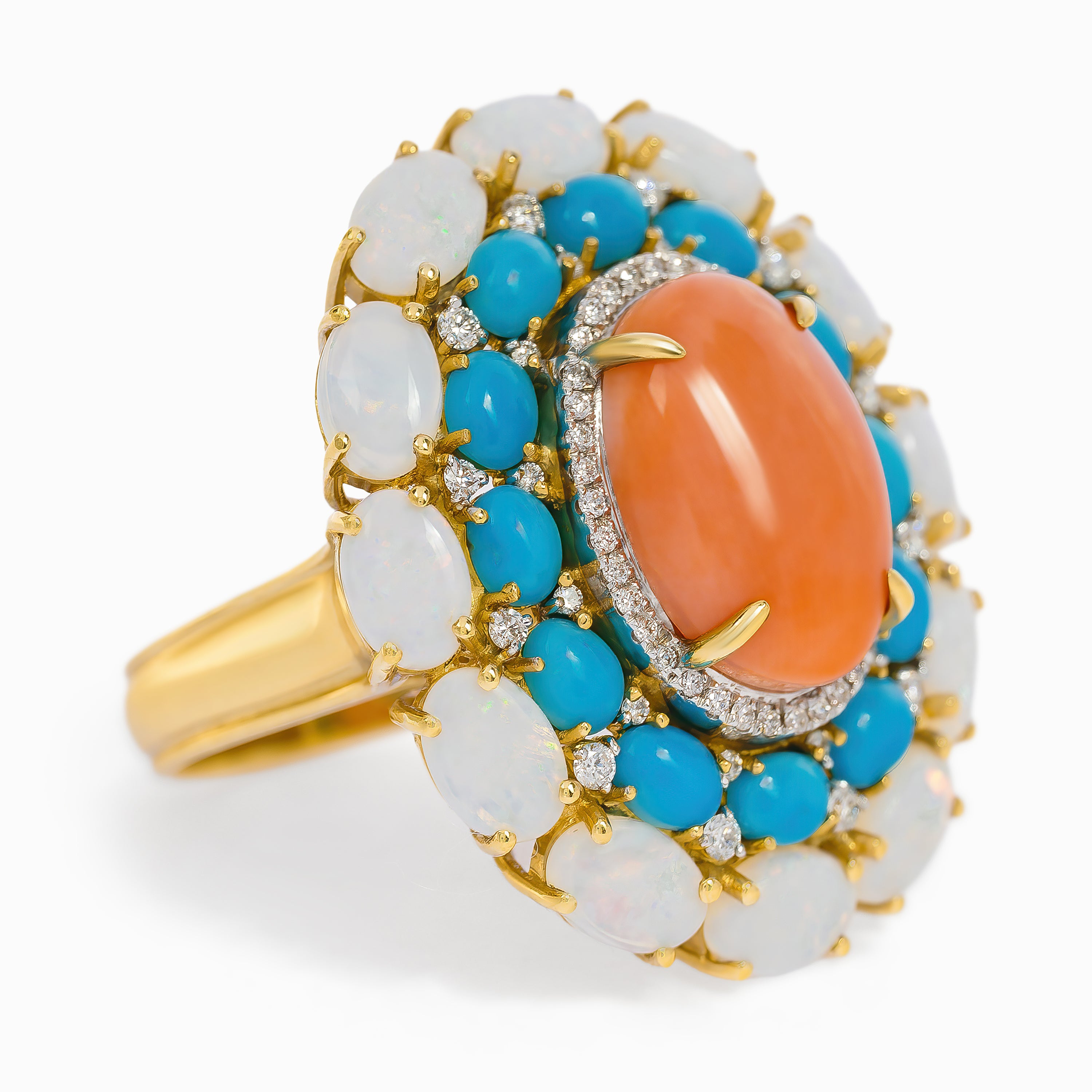 Yellow Gold Ring with Coral, Opal, Turquoise Stones