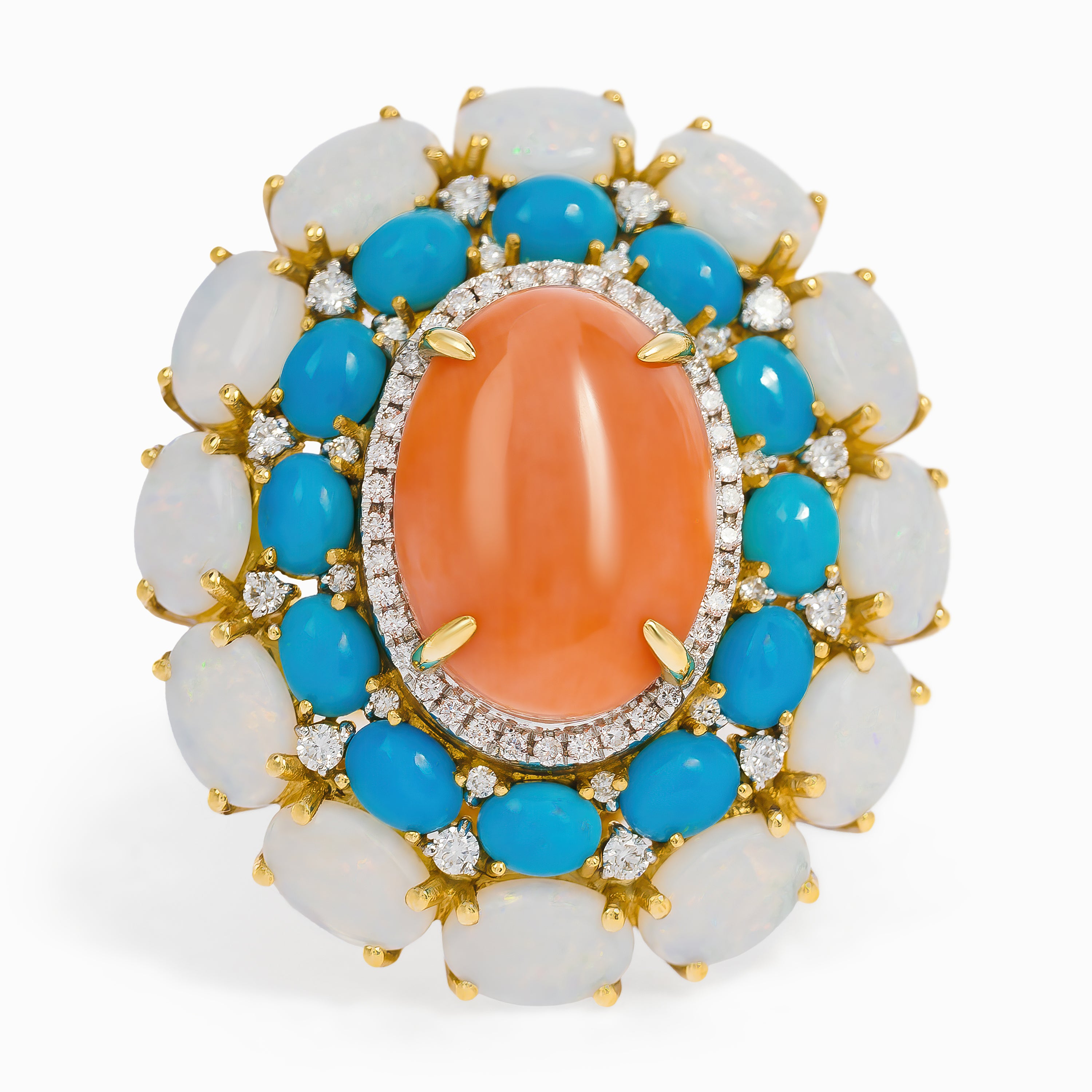 Yellow Gold Ring with Coral, Opal, Turquoise Stones