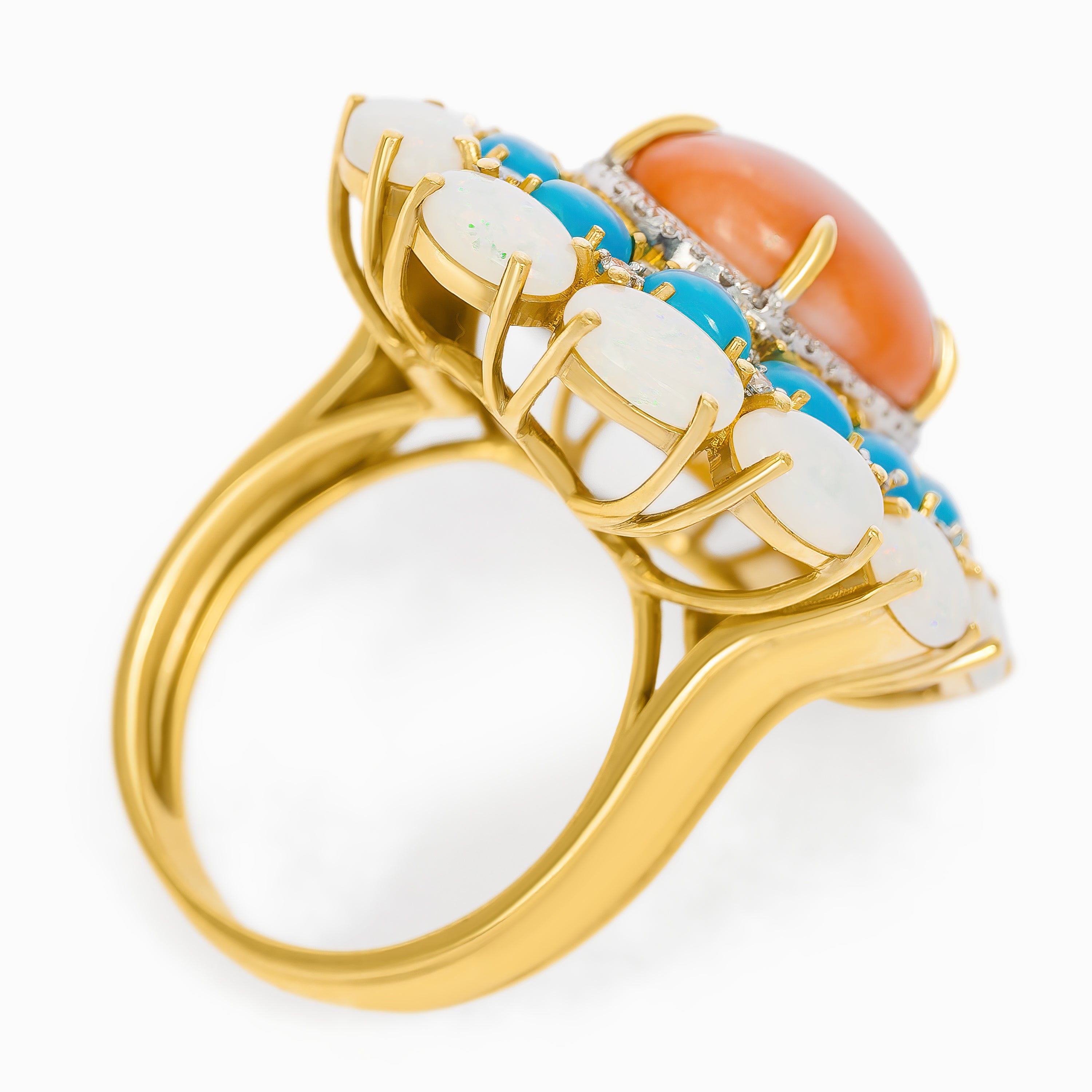 Yellow Gold Ring with Coral, Opal, Turquoise Stones