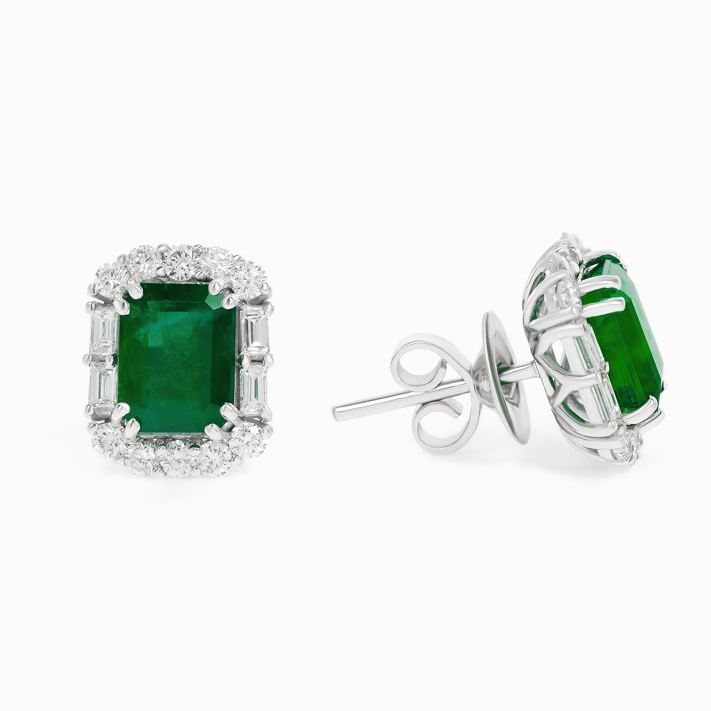 White Gold Stud Earrings with Diamond, Emerald Stones