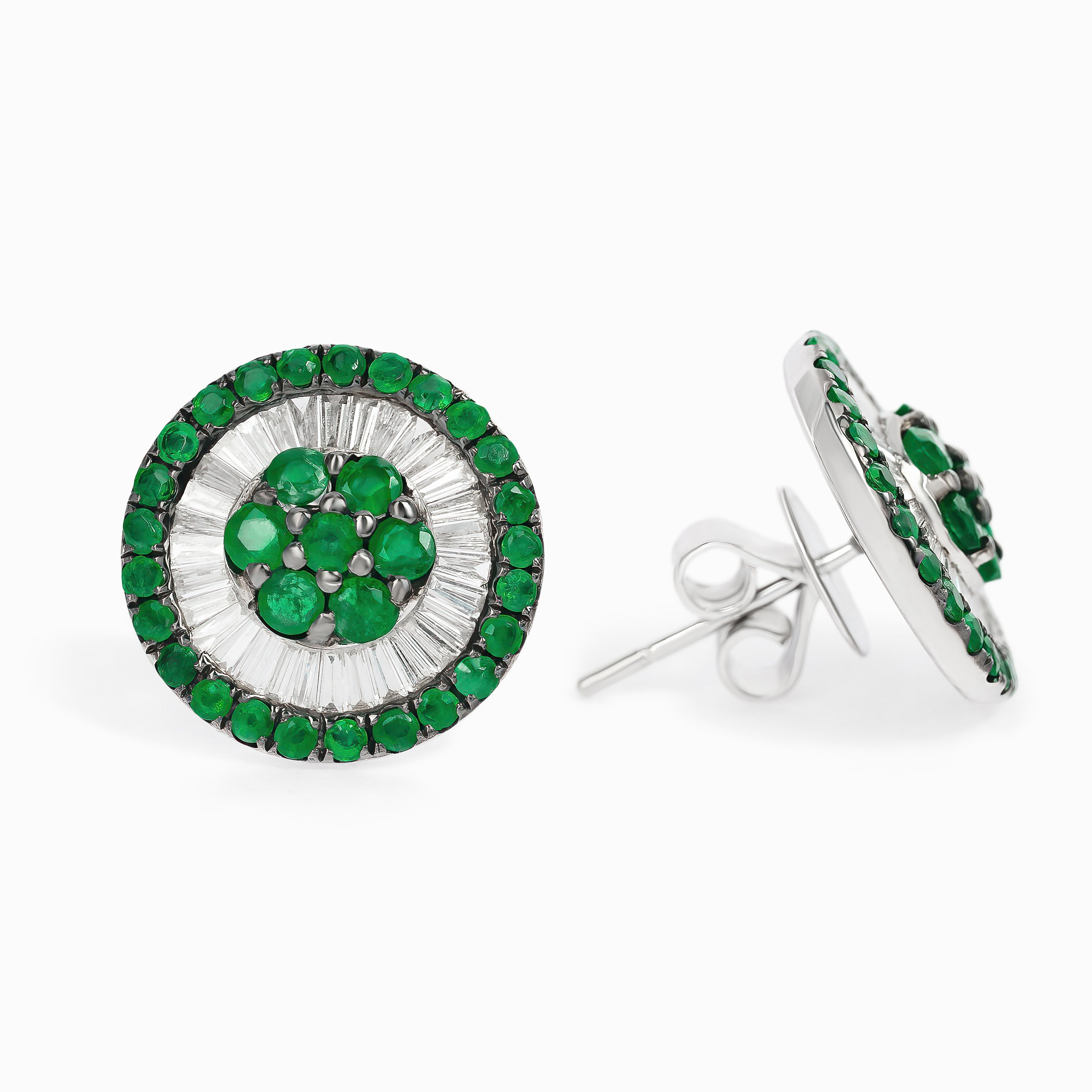White Gold Stud Earrings with Diamond, Emerald Stones