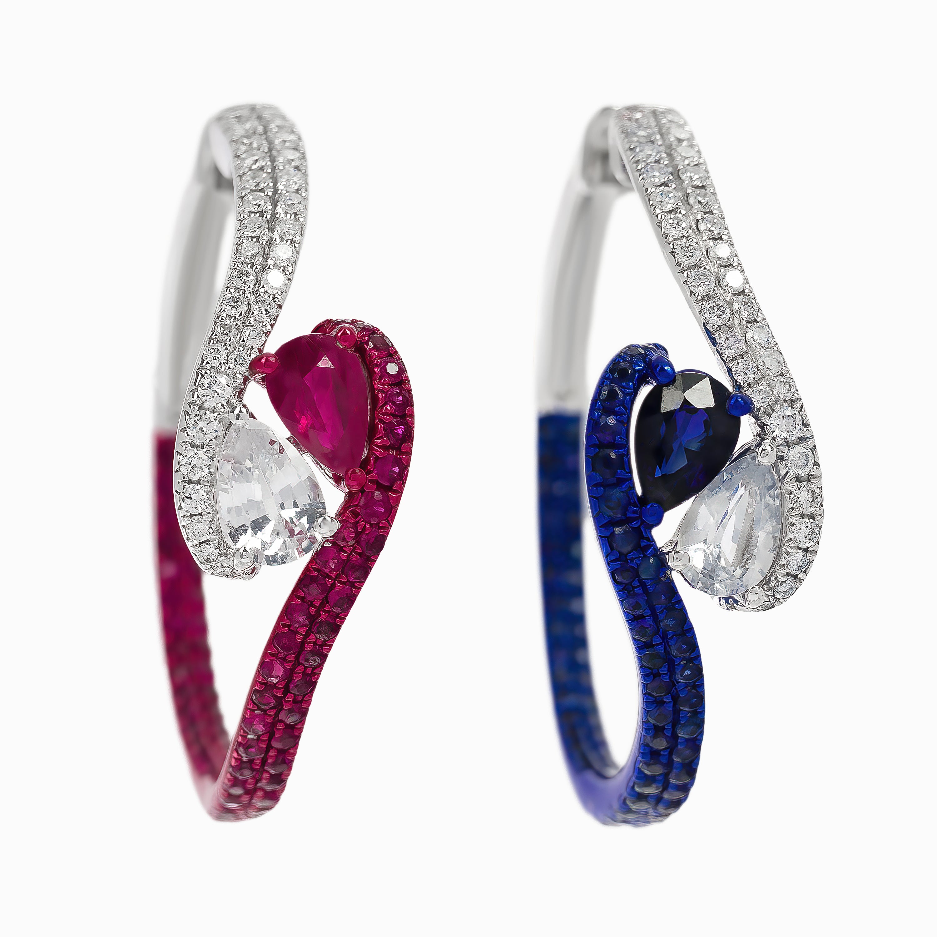 White Gold Hoop Earrings with Ruby, Sapphire Stones