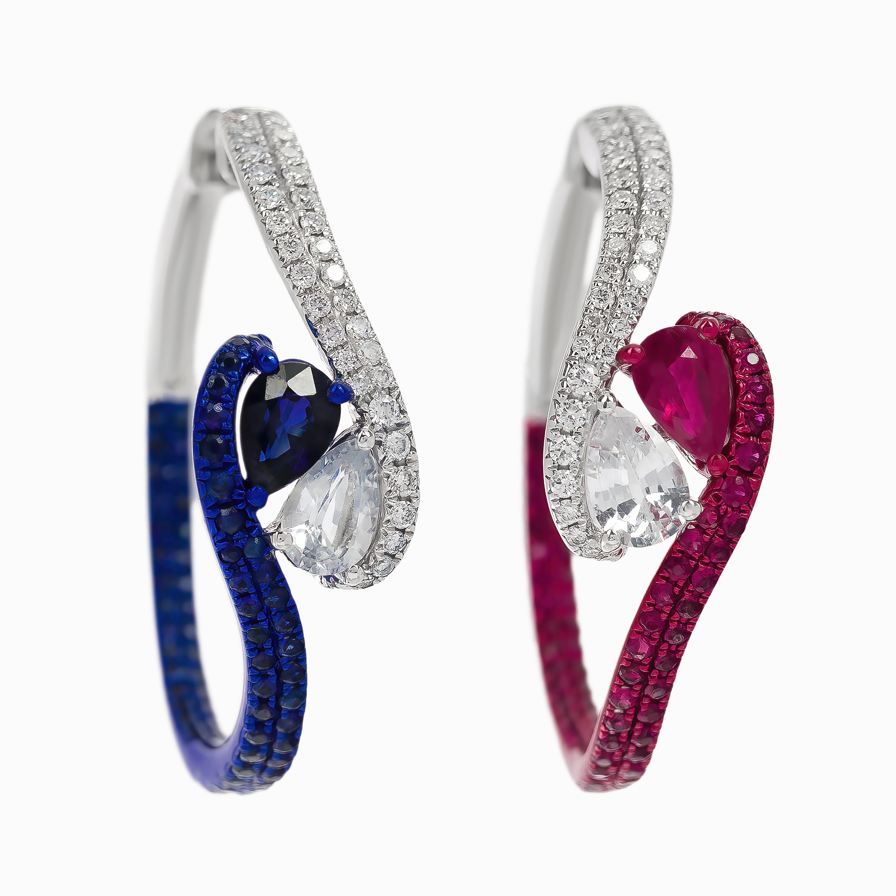 White Gold Hoop Earrings with Ruby, Sapphire Stones