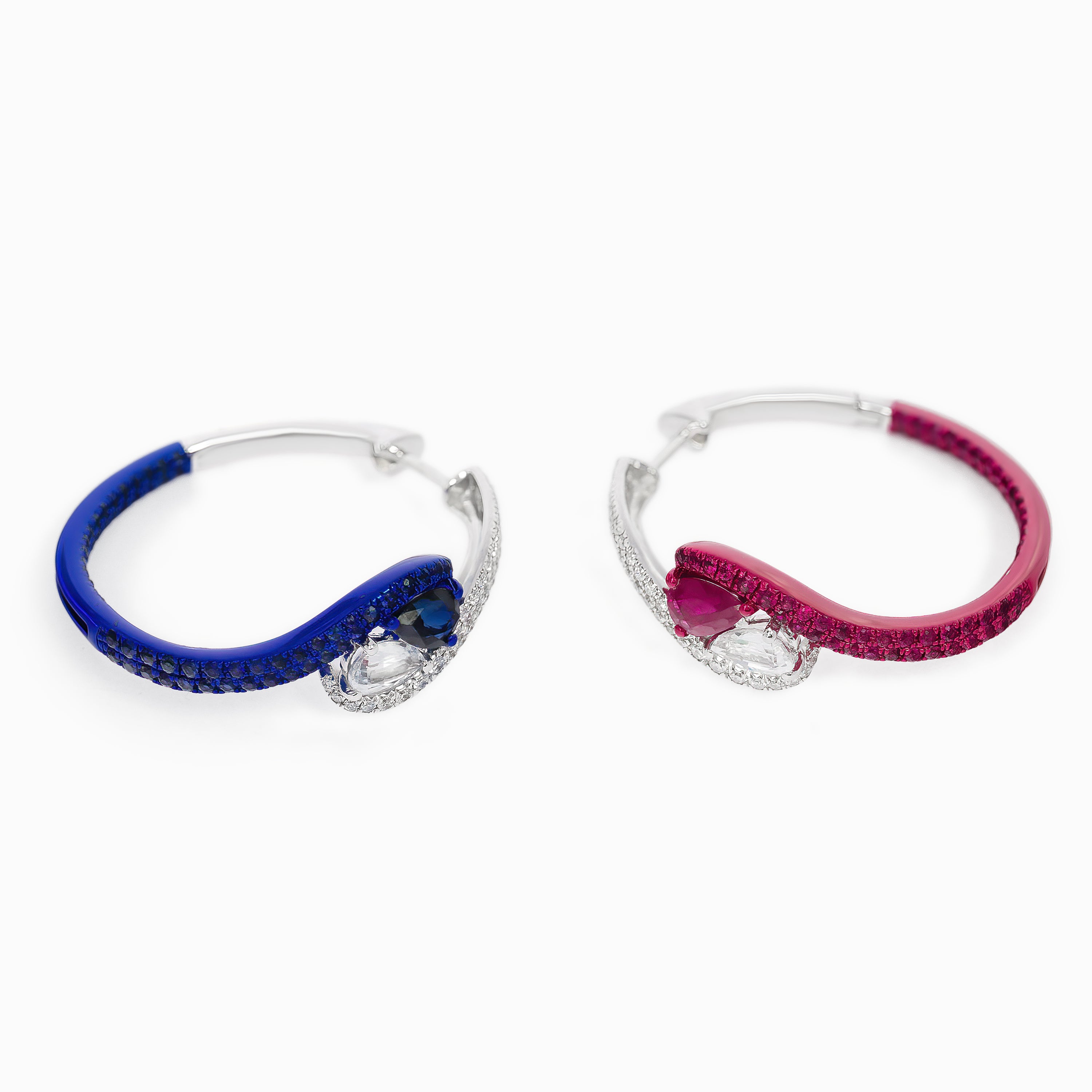 White Gold Hoop Earrings with Ruby, Sapphire Stones