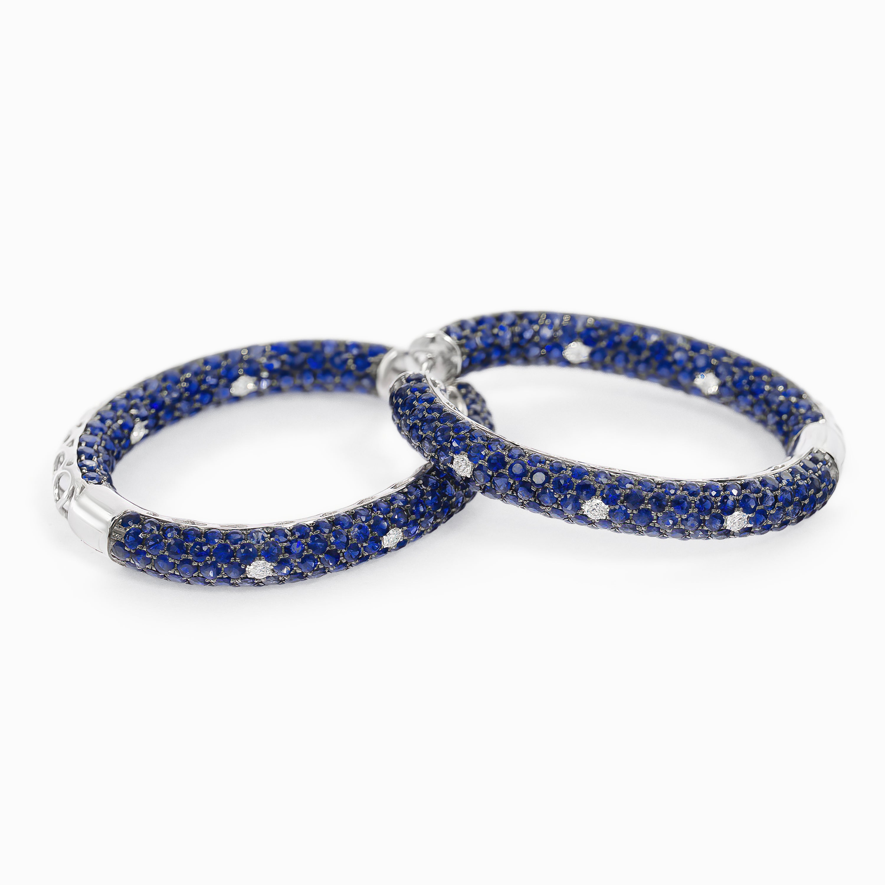 White Gold Hoop Earrings with Diamond, Sapphire Stones