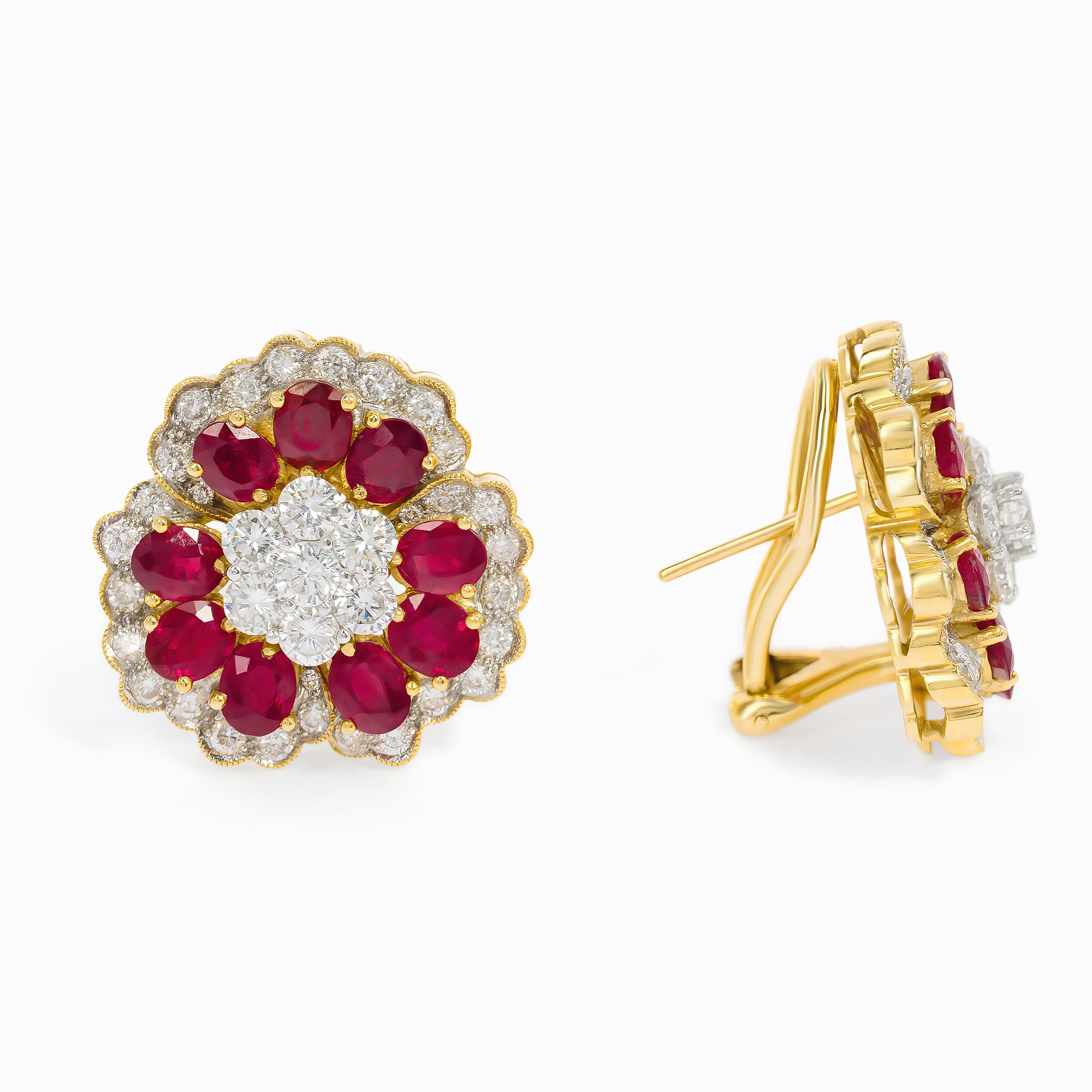 Yellow Gold Stud Earrings with Diamond, Ruby Stones