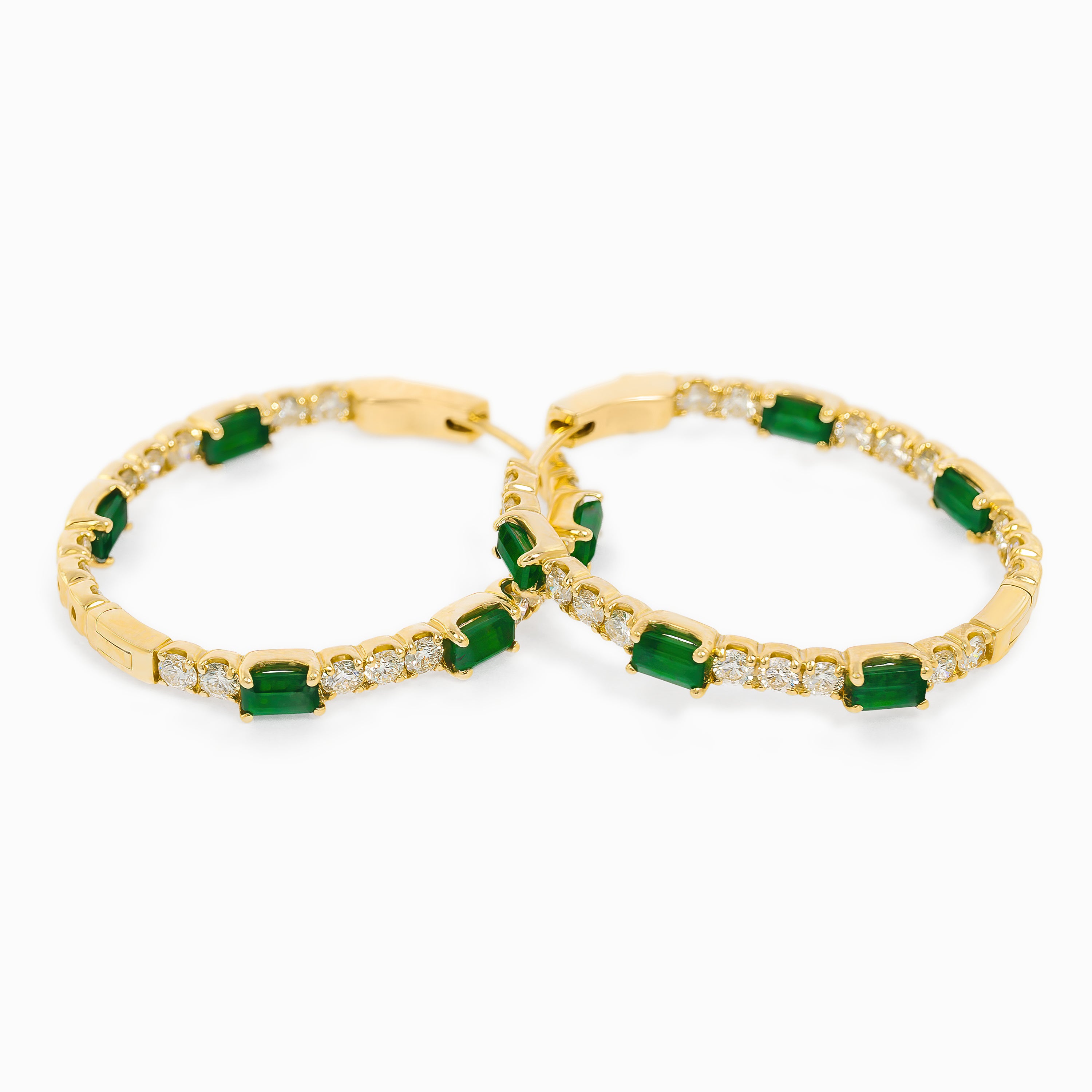 Yellow Gold Hoop Earrings with Diamond, Emerald Stones