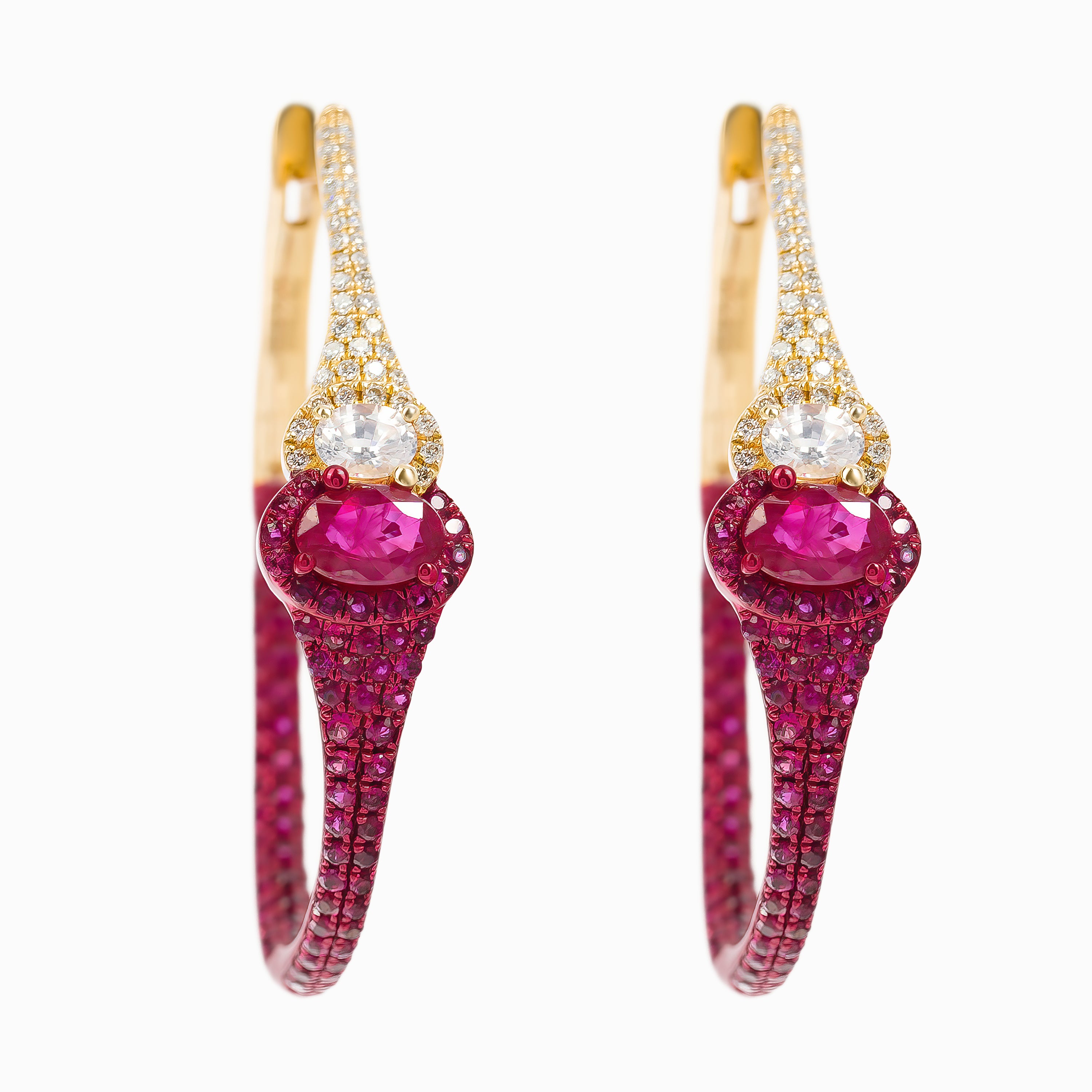 Yellow Gold Hoop Earrings with Diamond, Ruby Stones