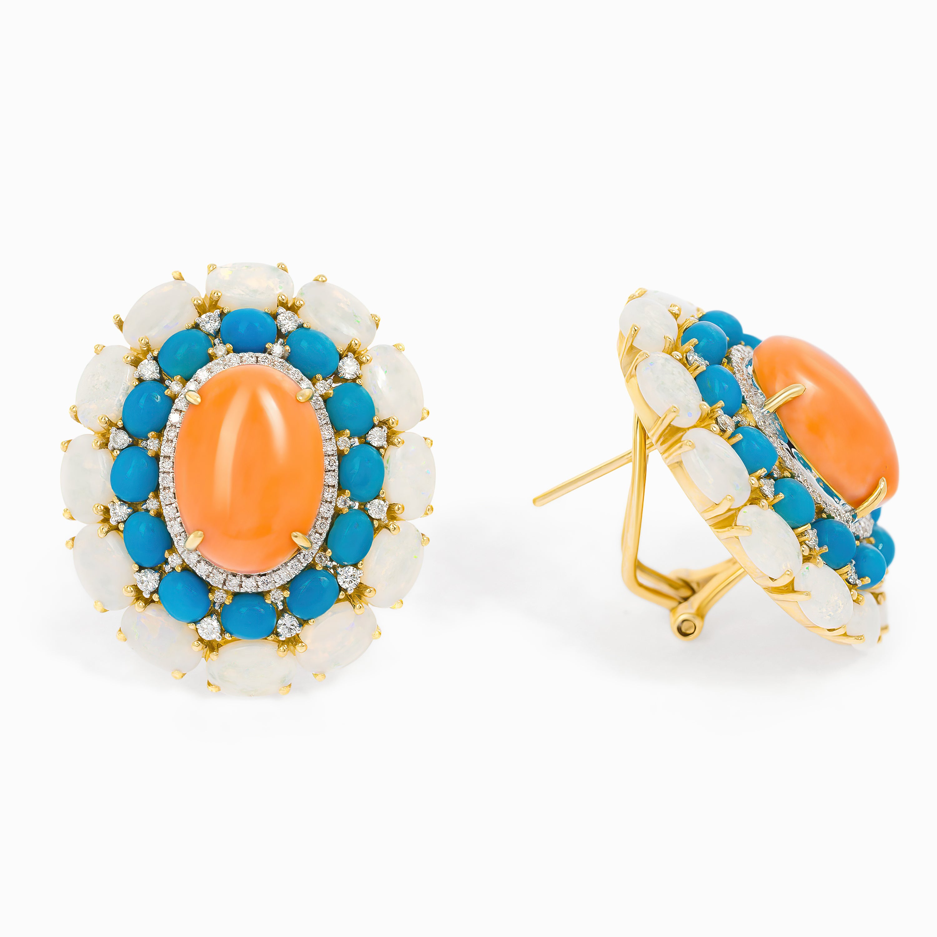 Yellow Gold Stud Earrings with Coral, Diamond, Opal, Turquoise Stones