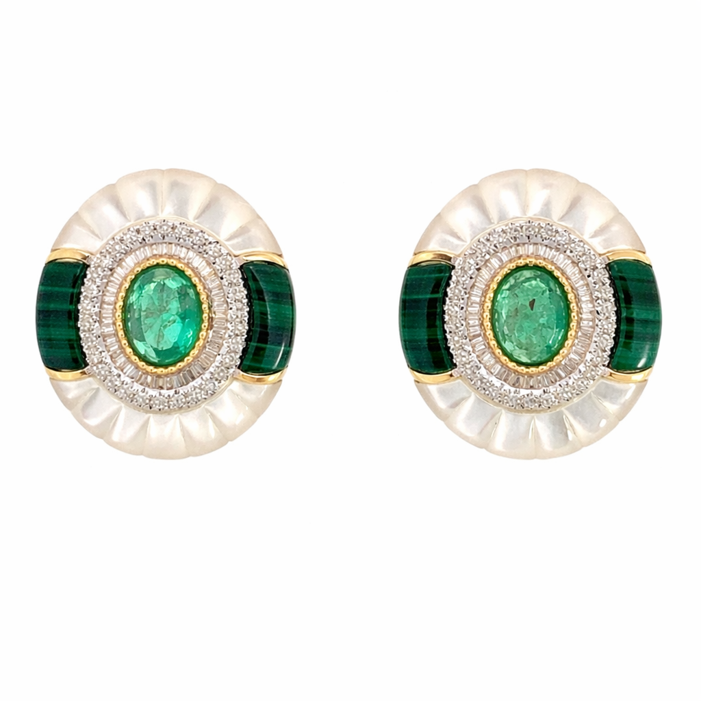 Malachite, Emerald, Mother of pearl and Diamond Earrings